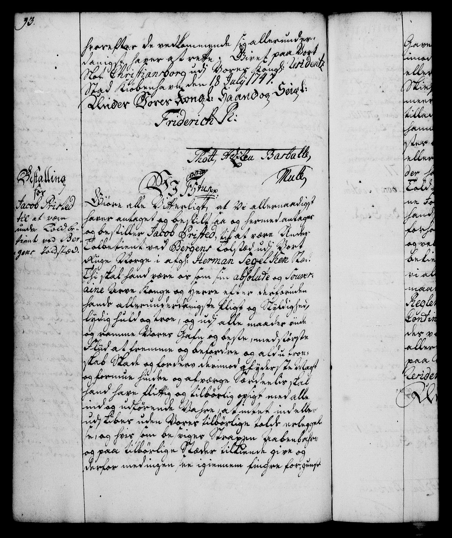 Rentekammeret, Kammerkanselliet, RA/EA-3111/G/Gg/Gge/L0003: Norsk bestallingsprotokoll med register (merket RK 53.27), 1745-1761, p. 93