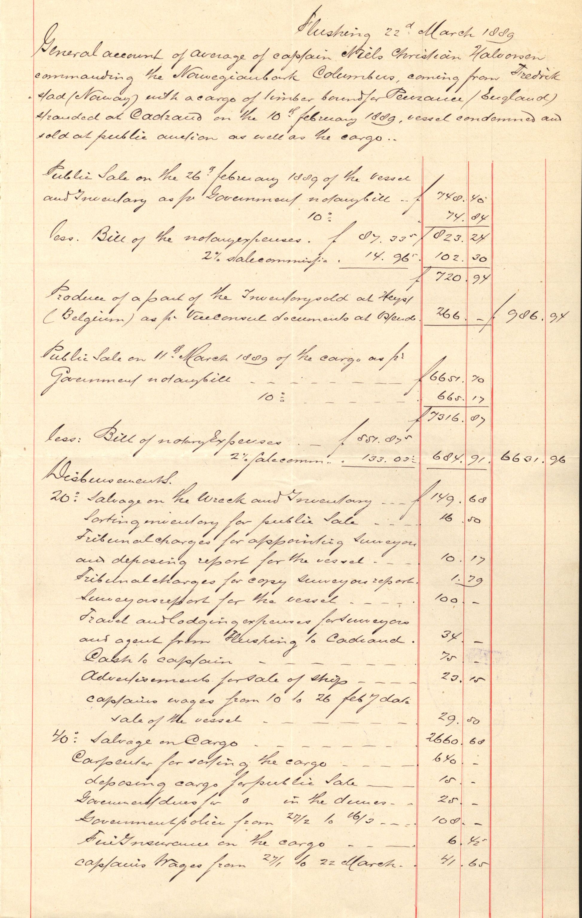 Pa 63 - Østlandske skibsassuranceforening, VEMU/A-1079/G/Ga/L0023/0012: Havaridokumenter / Columbus, Christiane Sophie, Marie, Jarlen, Kong Carl XV, 1889, p. 30