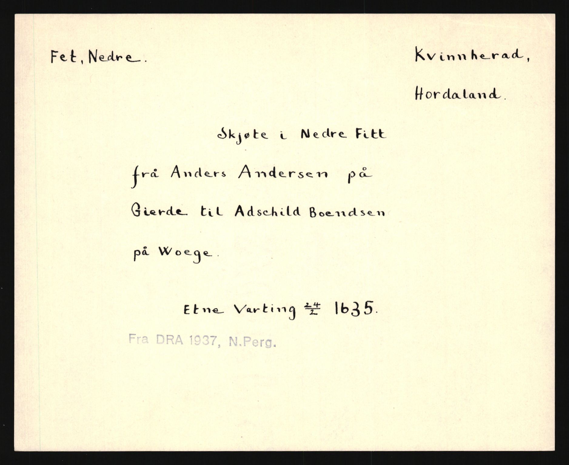 Riksarkivets diplomsamling, AV/RA-EA-5965/F35/F35e/L0028: Registreringssedler Hordaland 1, 1400-1700, p. 61