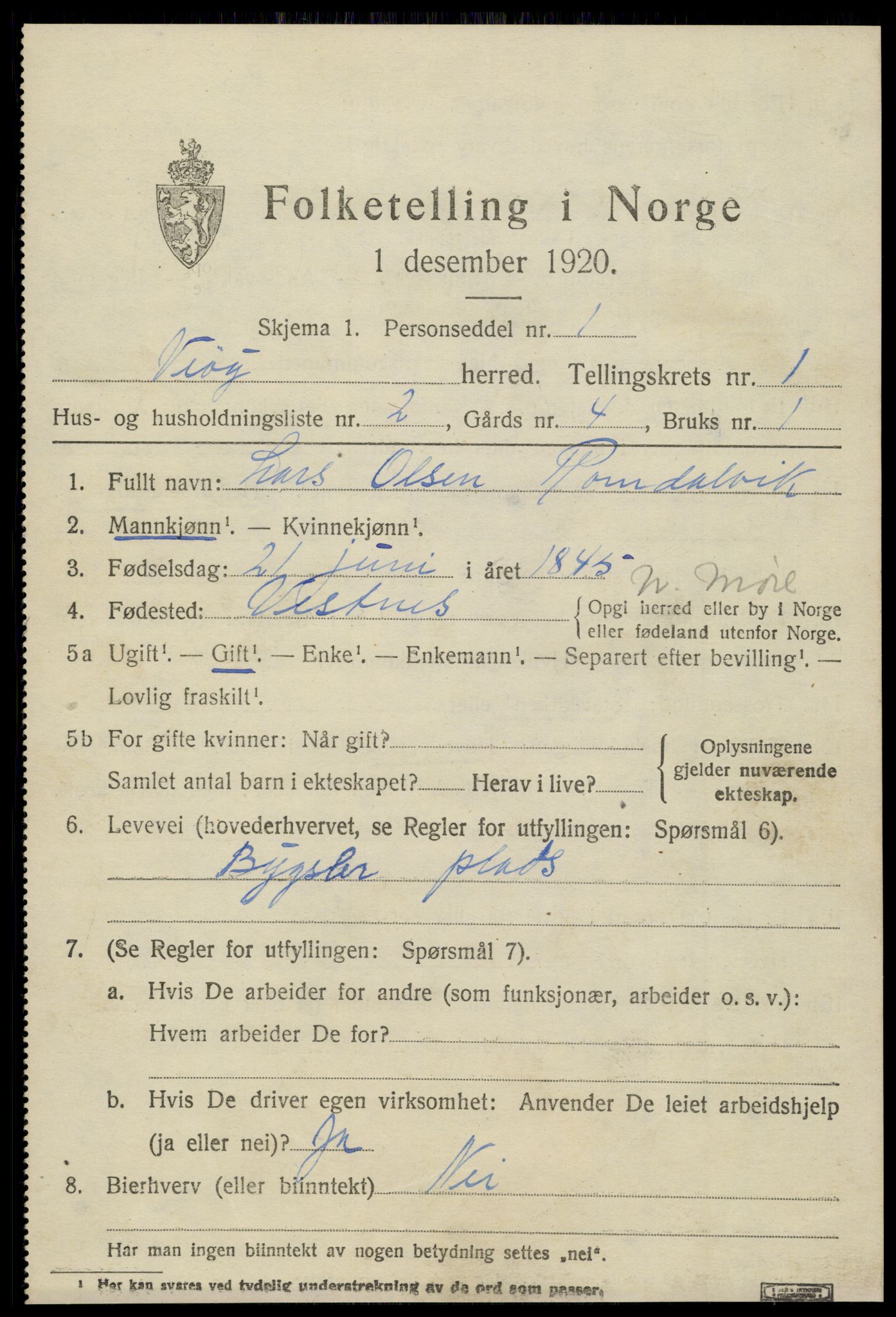 SAT, 1920 census for Veøy, 1920, p. 919