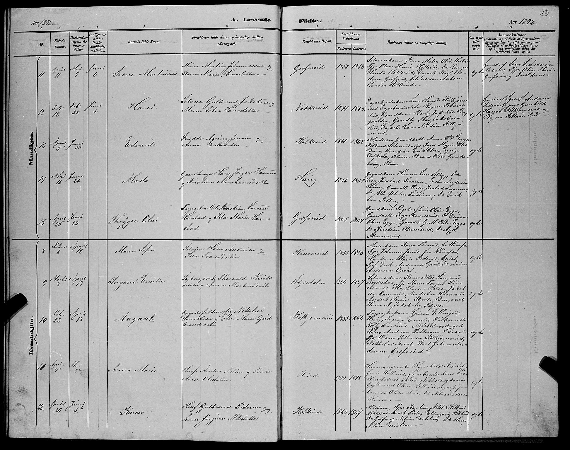 Hole kirkebøker, AV/SAKO-A-228/G/Gb/L0003: Parish register (copy) no. II 3, 1890-1901, p. 13