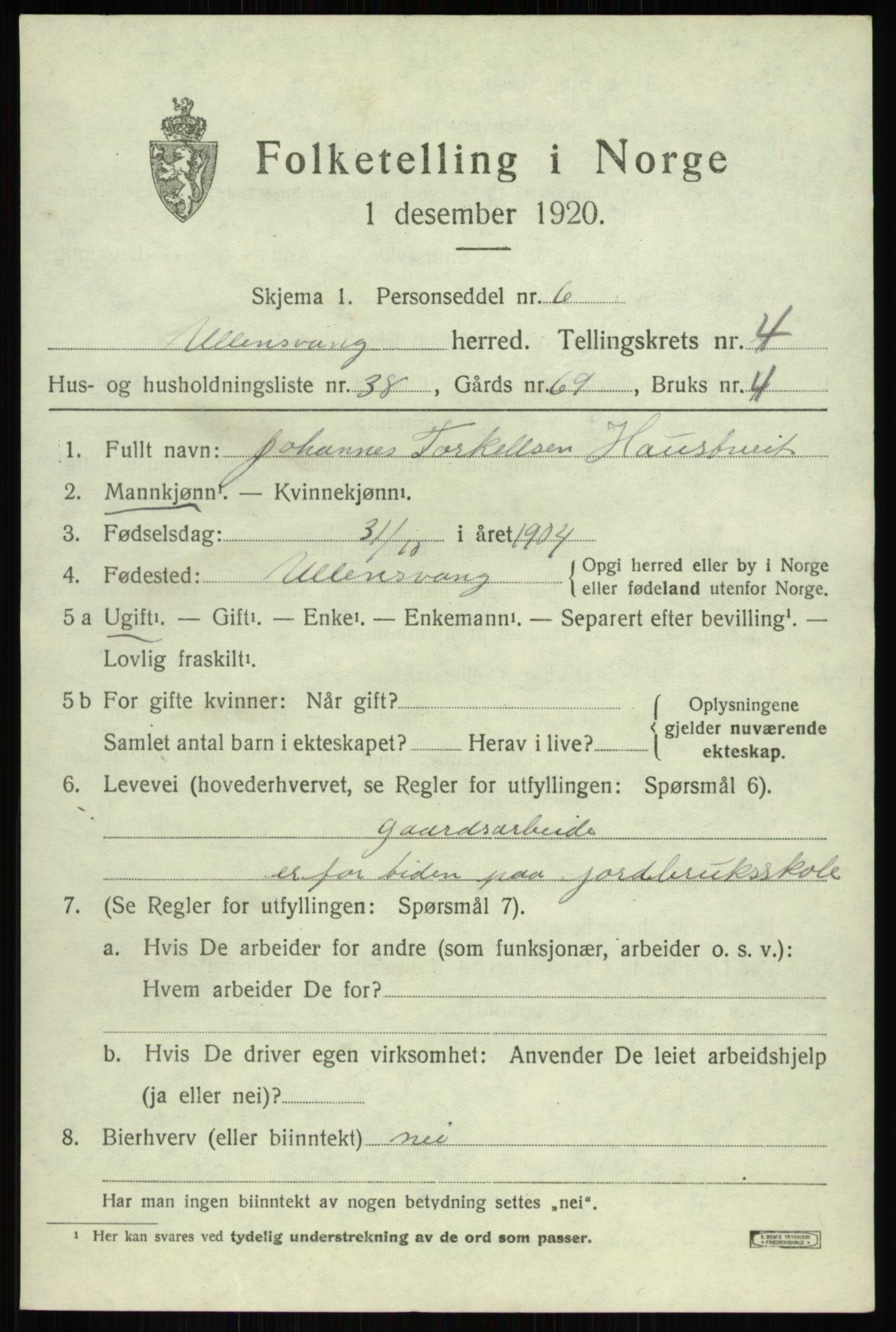 SAB, 1920 census for Ullensvang, 1920, p. 2356