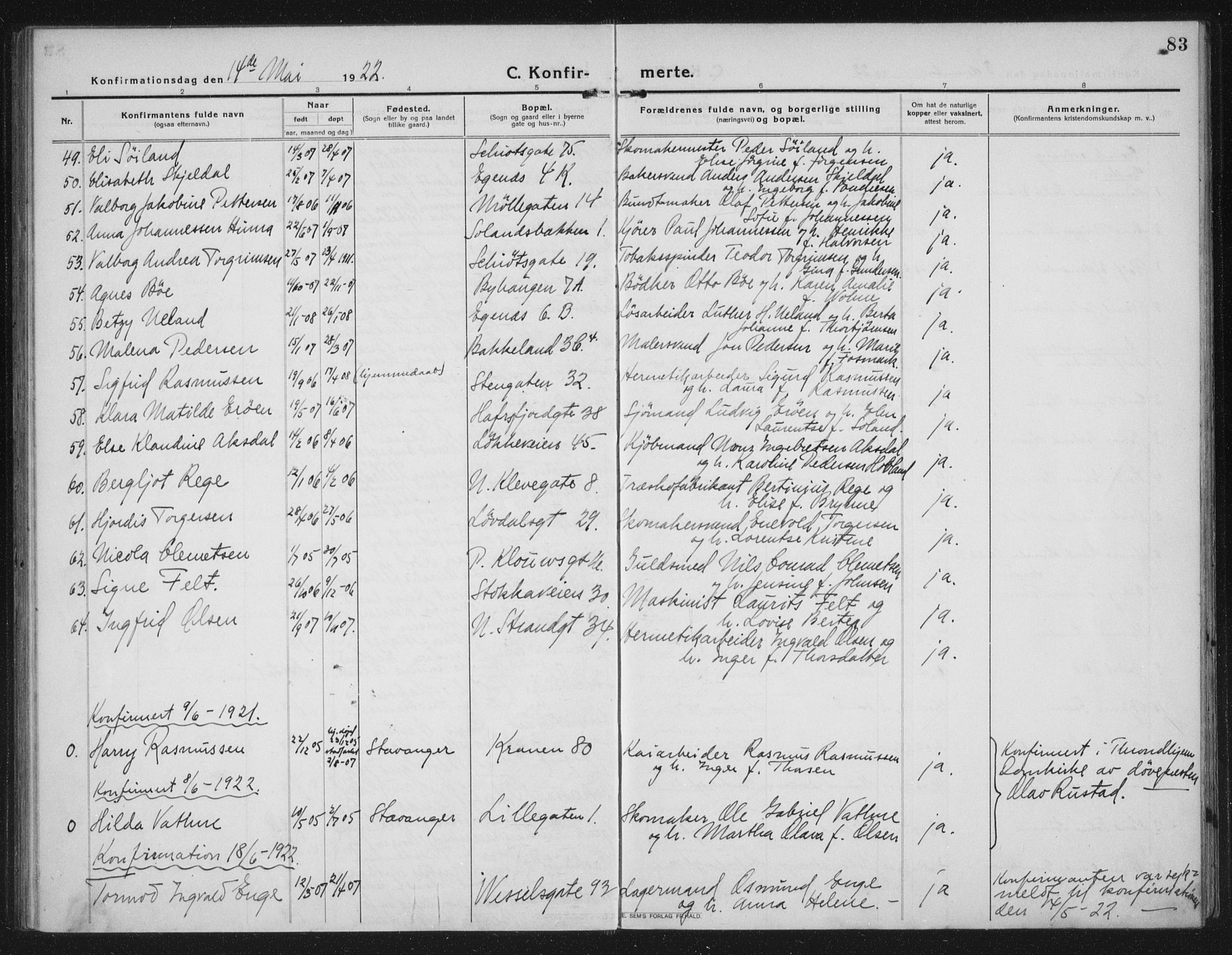 Domkirken sokneprestkontor, AV/SAST-A-101812/002/A/L0019: Parish register (official) no. A 35, 1916-1932, p. 83