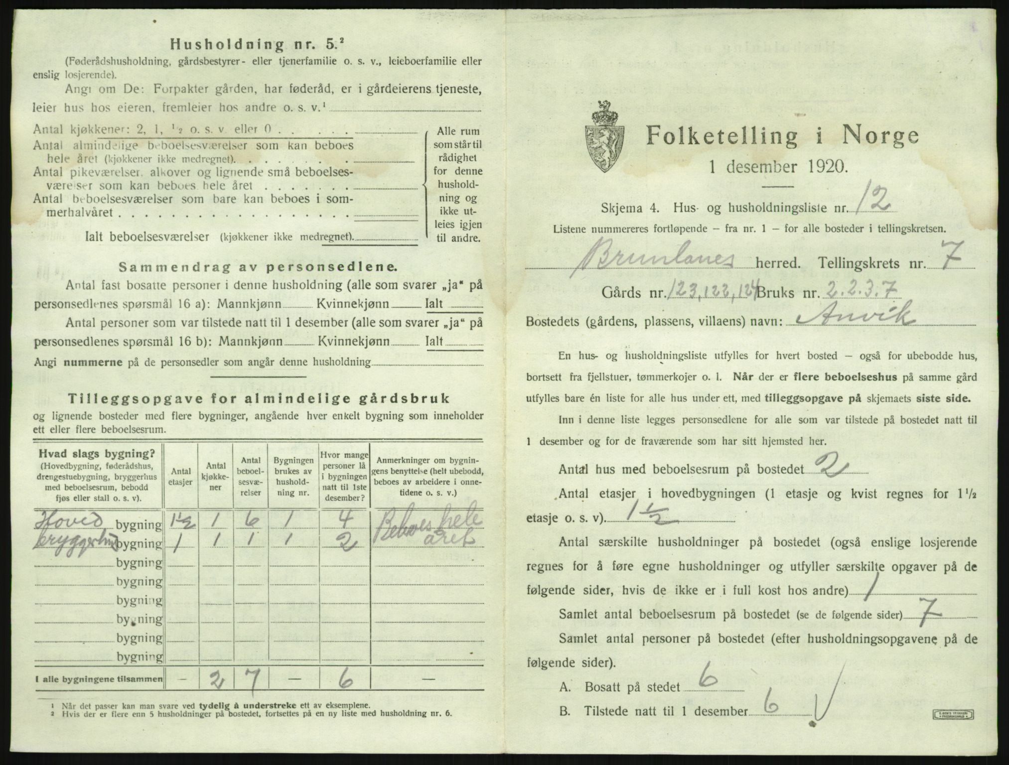 SAKO, 1920 census for Brunlanes, 1920, p. 945