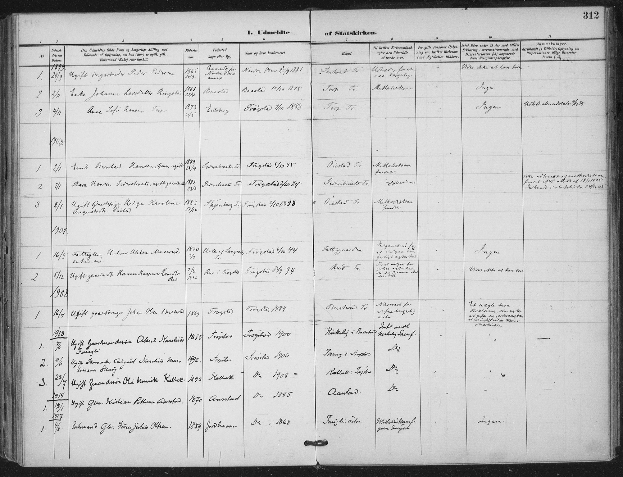 Trøgstad prestekontor Kirkebøker, AV/SAO-A-10925/F/Fa/L0011: Parish register (official) no. I 11, 1899-1919, p. 312