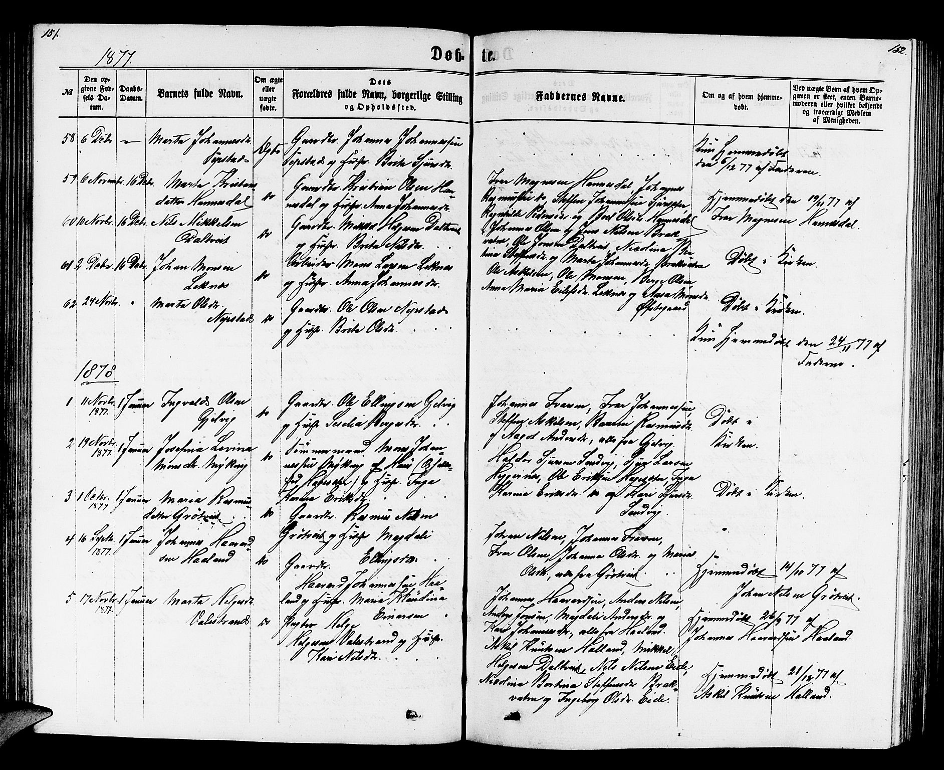 Hamre sokneprestembete, SAB/A-75501/H/Ha/Hab: Parish register (copy) no. B 2, 1863-1880, p. 151-152
