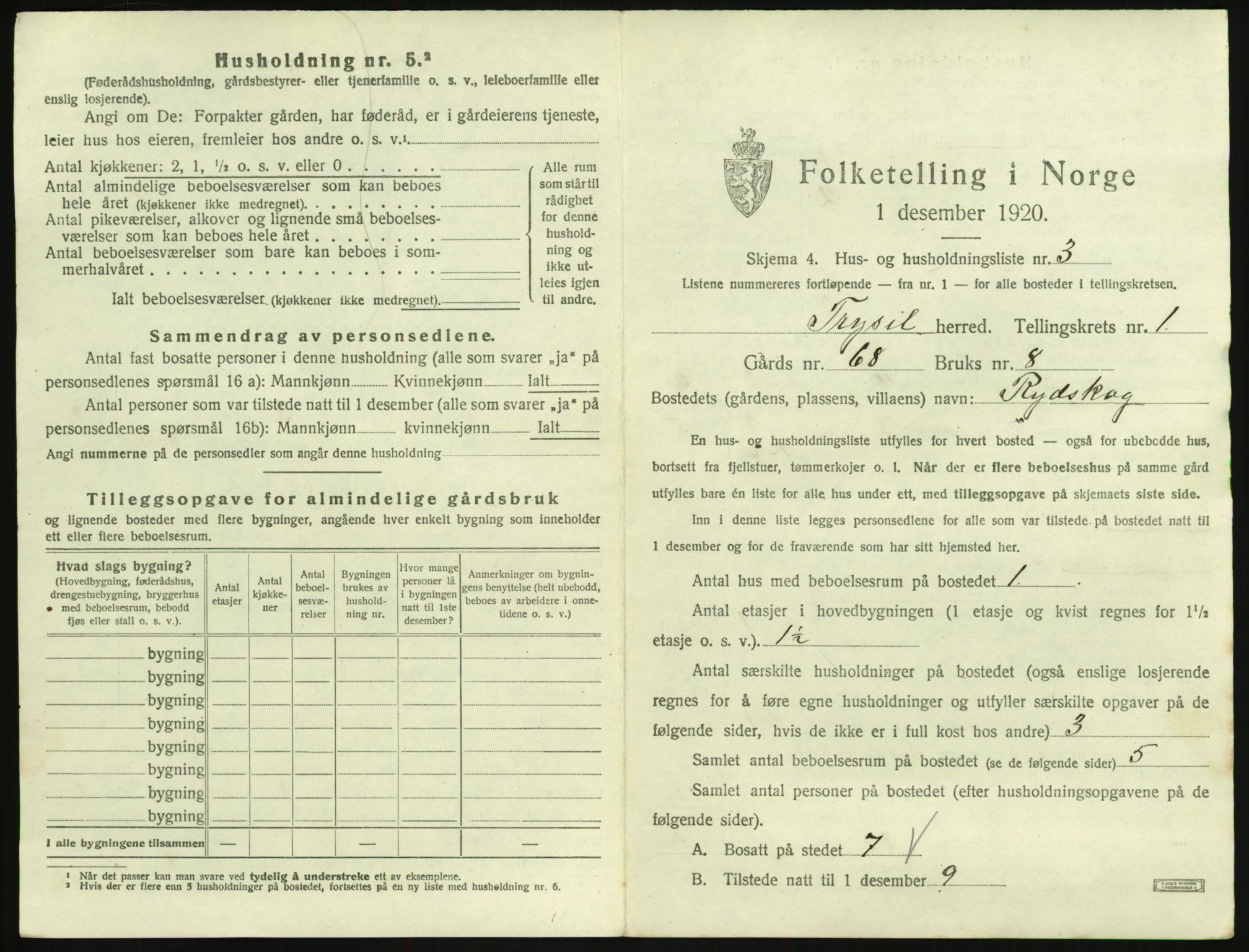 SAH, 1920 census for Trysil, 1920, p. 95