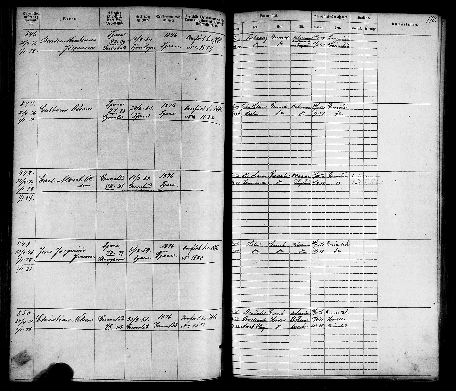 Grimstad mønstringskrets, AV/SAK-2031-0013/F/Fa/L0005: Annotasjonsrulle nr 1-1910 med register, V-18, 1870-1892, p. 199