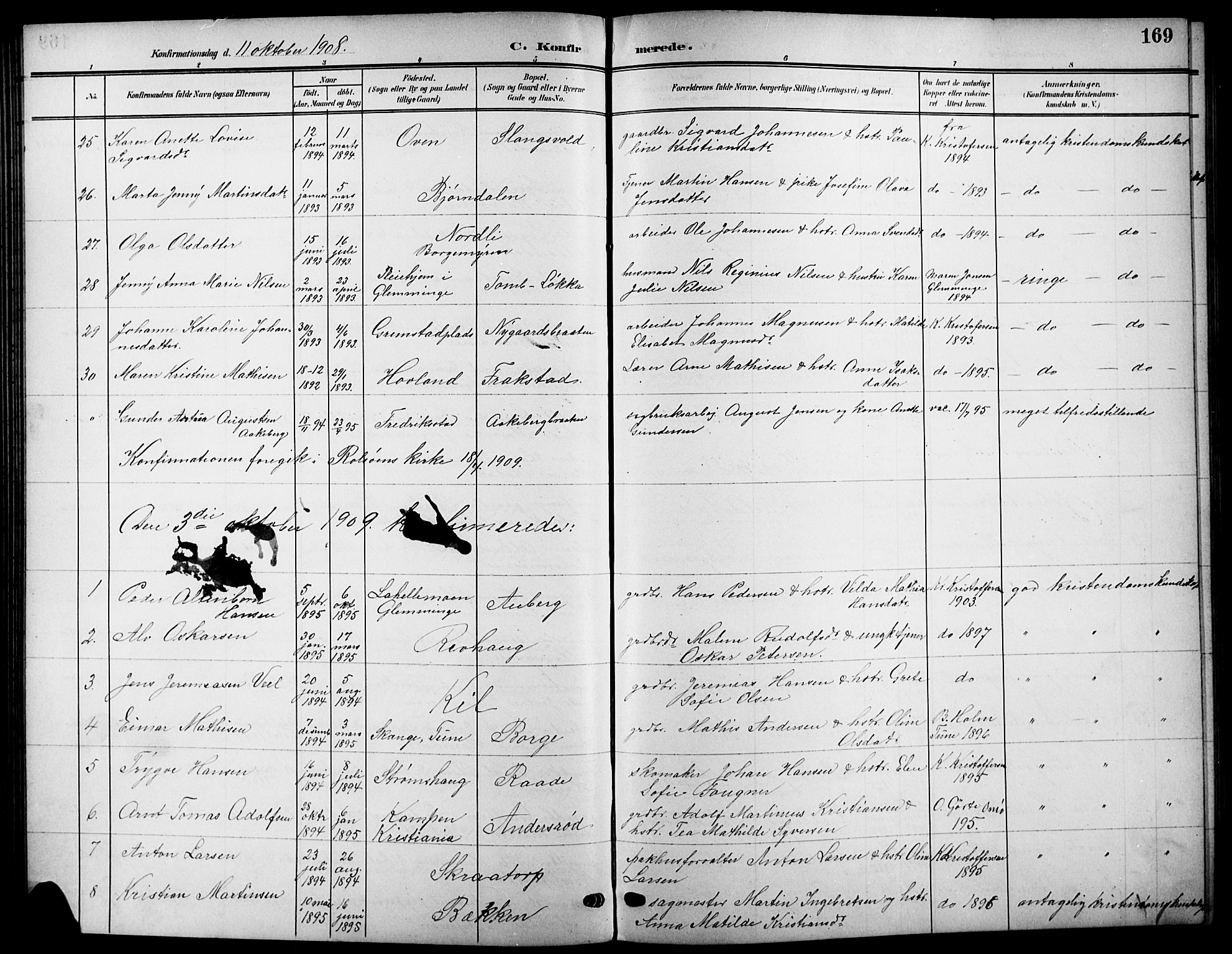Råde prestekontor kirkebøker, AV/SAO-A-2009/G/Ga/L0001: Parish register (copy) no. 1, 1903-1925, p. 169
