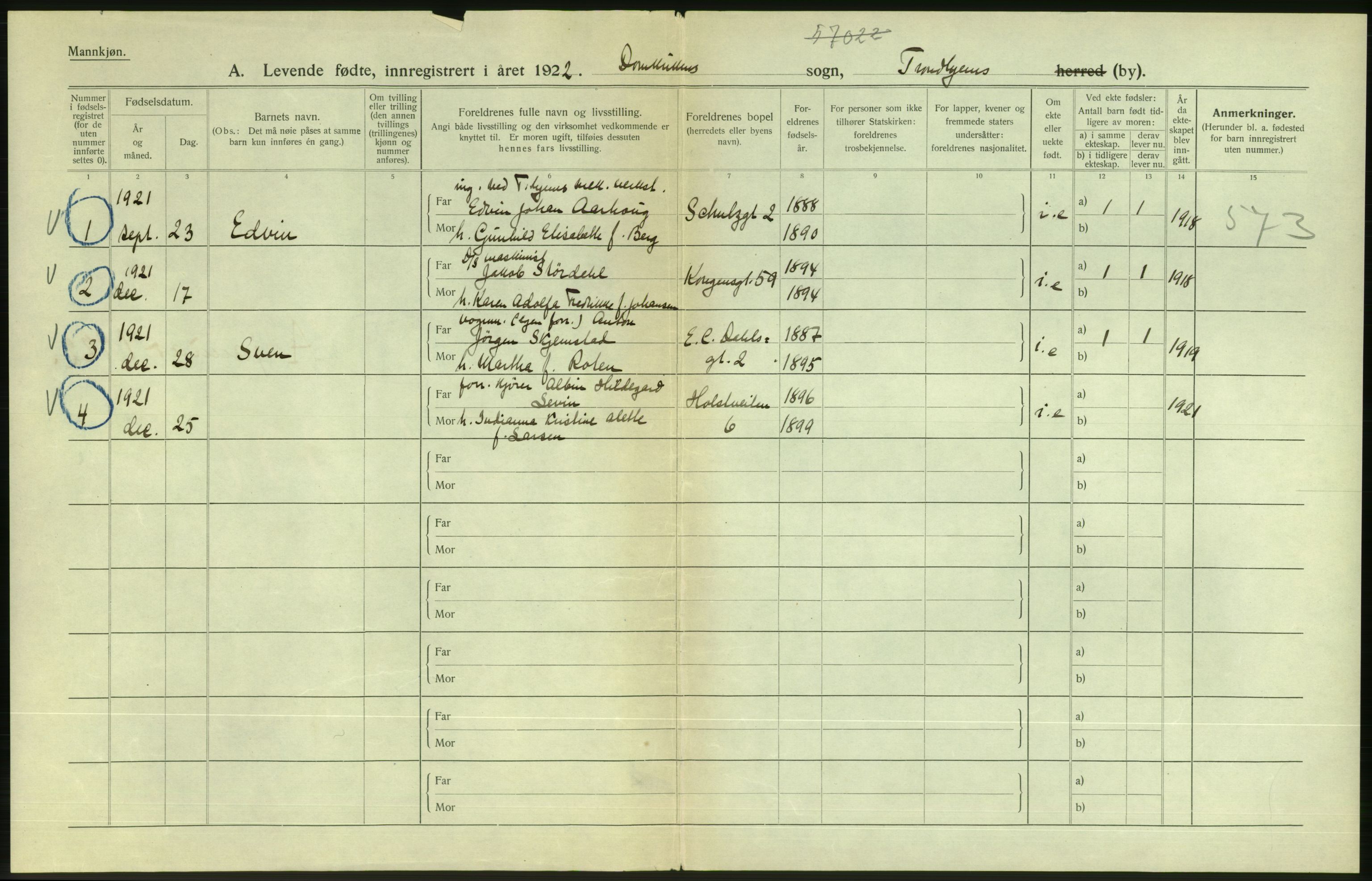 Statistisk sentralbyrå, Sosiodemografiske emner, Befolkning, AV/RA-S-2228/D/Df/Dfc/Dfcb/L0039: Trondheim: Levendefødte menn og kvinner., 1922, p. 4