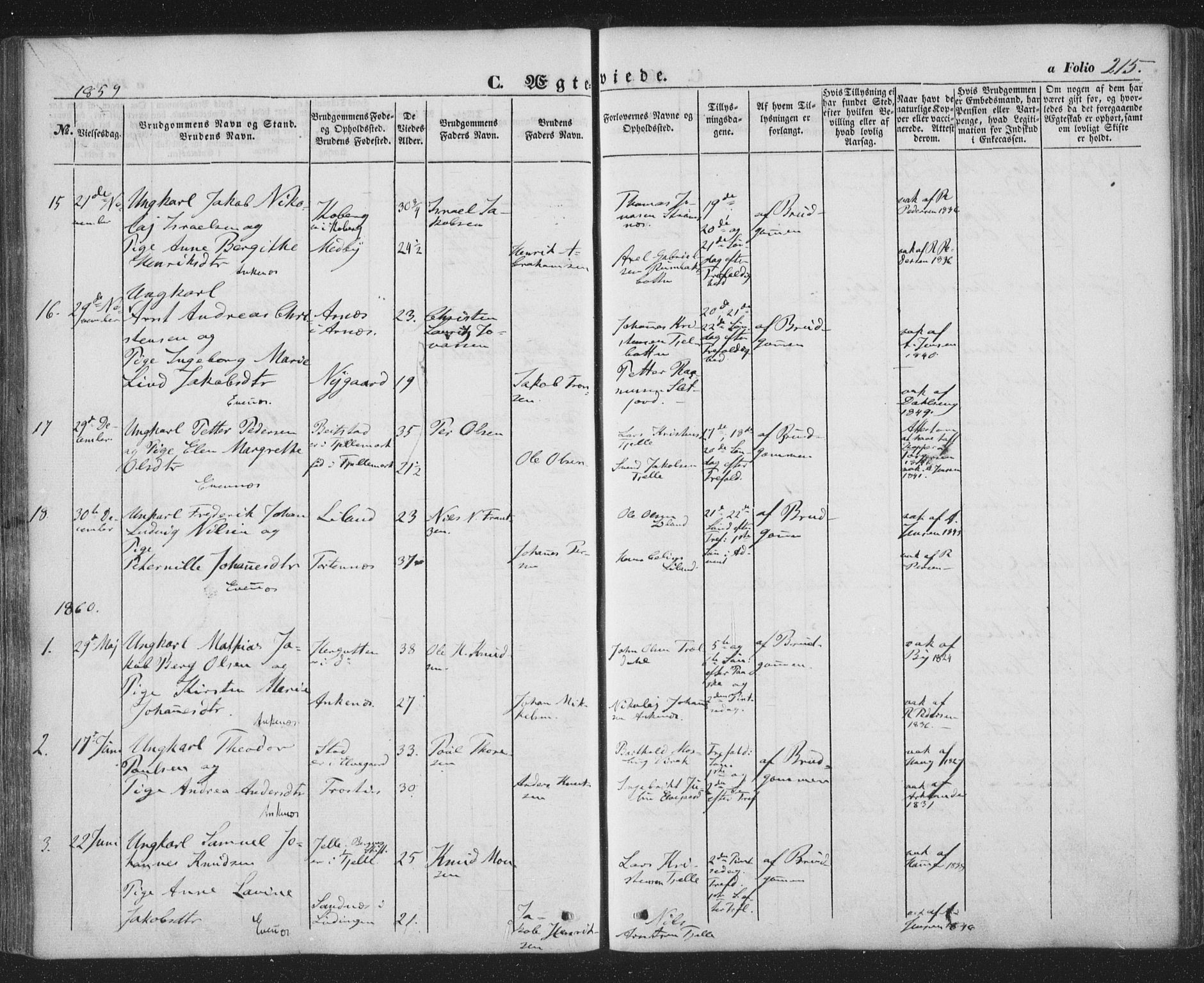 Ministerialprotokoller, klokkerbøker og fødselsregistre - Nordland, SAT/A-1459/863/L0895: Parish register (official) no. 863A07, 1851-1860, p. 215