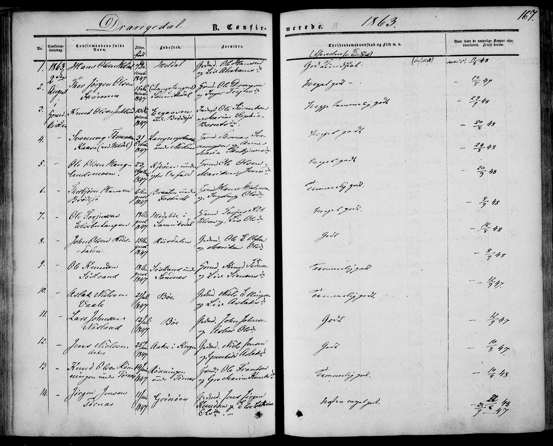 Drangedal kirkebøker, AV/SAKO-A-258/F/Fa/L0008: Parish register (official) no. 8, 1857-1871, p. 167