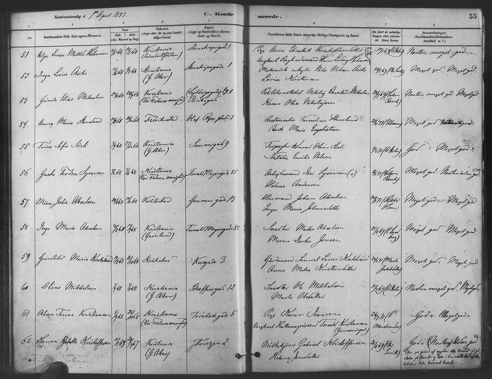 Paulus prestekontor Kirkebøker, AV/SAO-A-10871/F/Fa/L0004: Parish register (official) no. 4, 1879-1891, p. 55