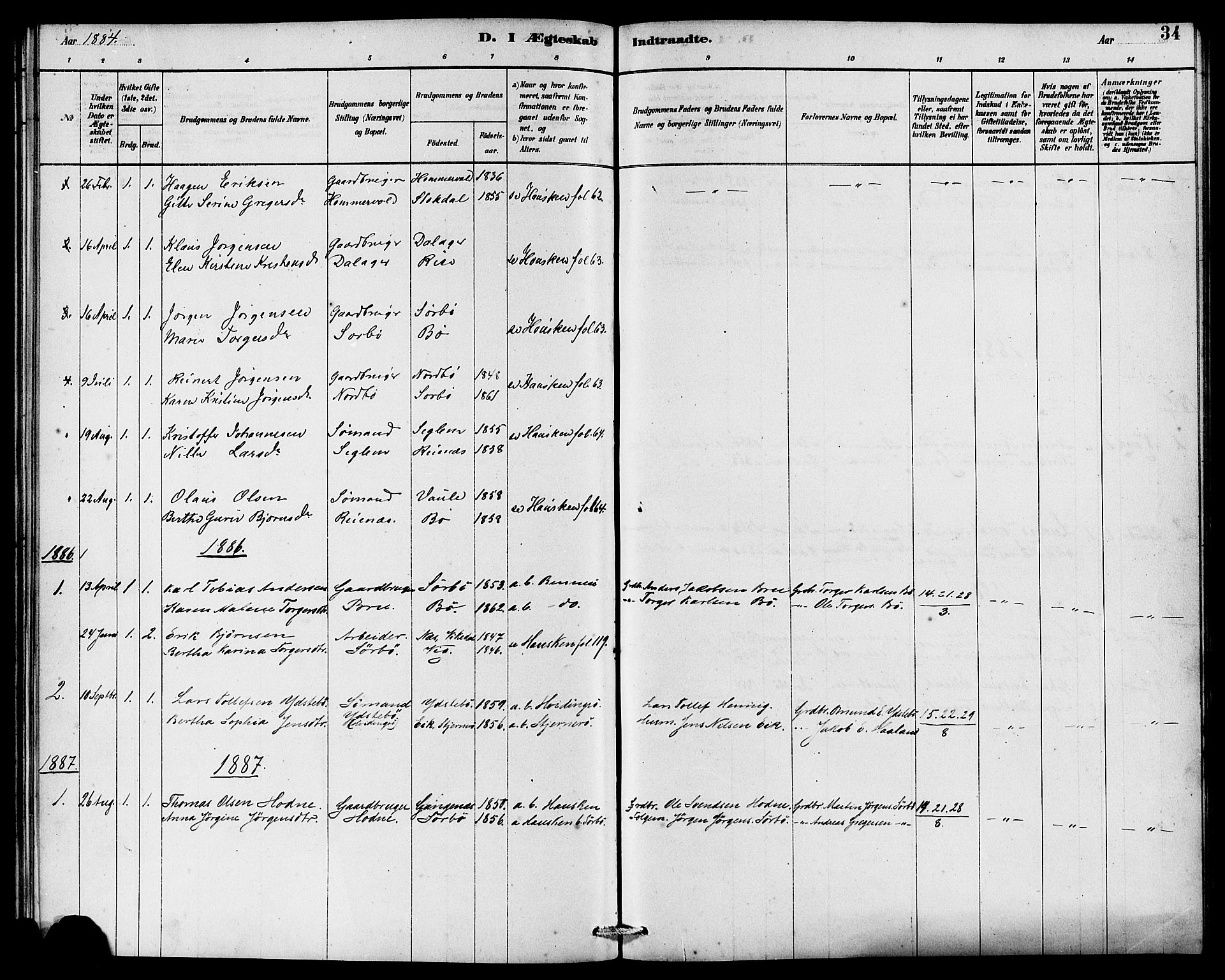 Rennesøy sokneprestkontor, SAST/A -101827/H/Ha/Haa/L0008: Parish register (official) no. A 8, 1878-1890, p. 34