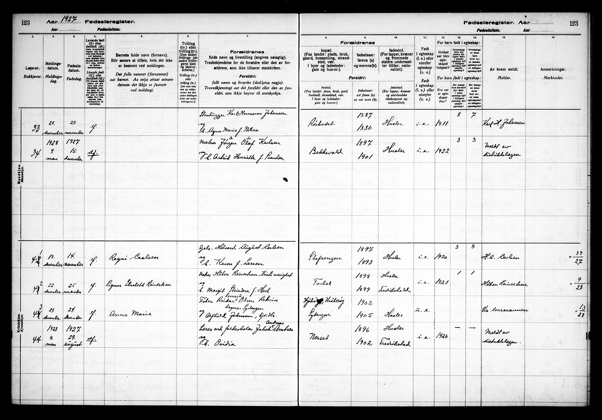 Hvaler prestekontor Kirkebøker, AV/SAO-A-2001/J/Ja/L0001: Birth register no. I 1, 1916-1938, p. 123