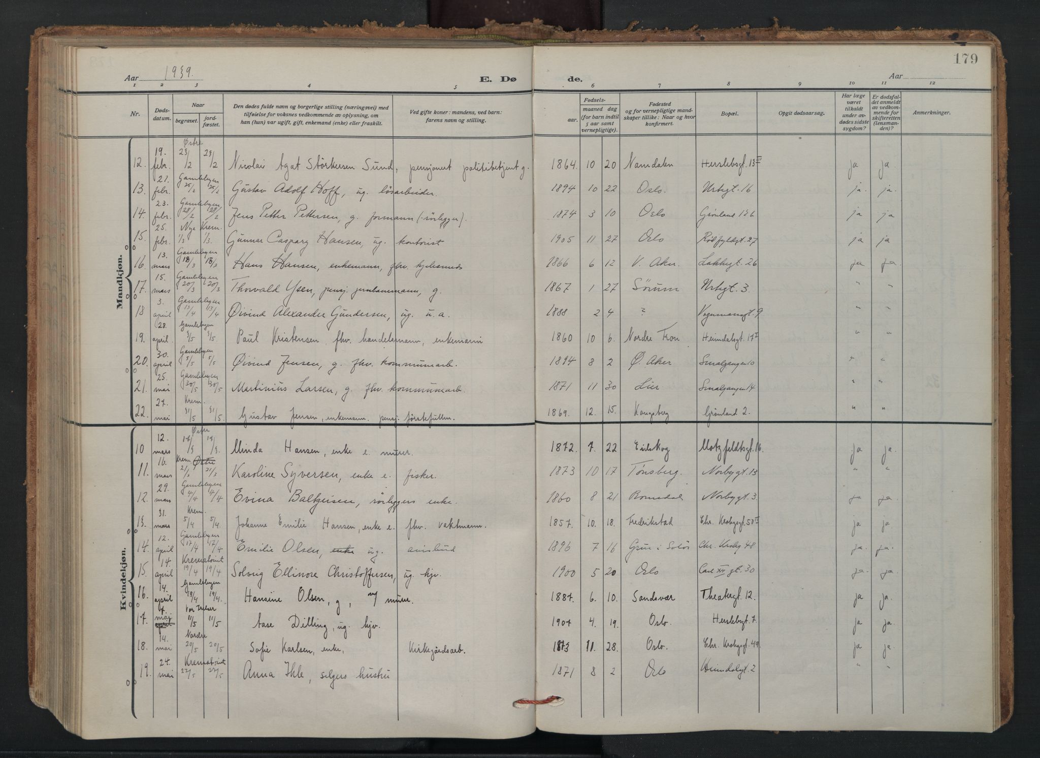 Vaterland prestekontor Kirkebøker, AV/SAO-A-10880/F/Fa/L0003: Parish register (official) no. 3, 1922-1944, p. 179