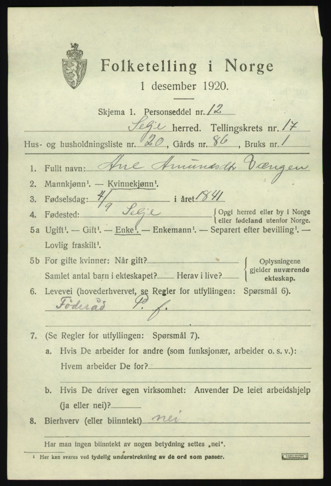 SAB, 1920 census for Selje, 1920, p. 7837