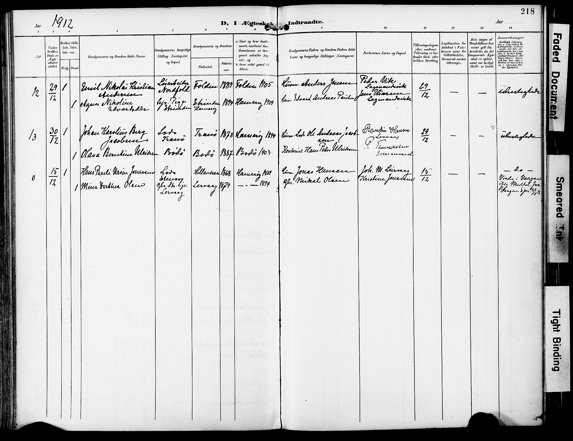 Ministerialprotokoller, klokkerbøker og fødselsregistre - Nordland, AV/SAT-A-1459/859/L0848: Parish register (official) no. 859A08, 1900-1912, p. 218