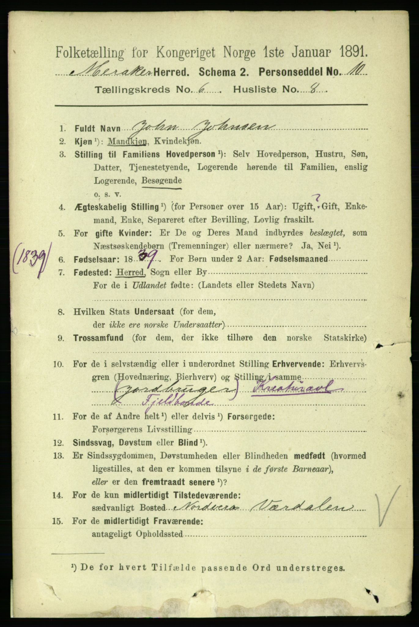 RA, 1891 census for 1711 Meråker, 1891, p. 2108
