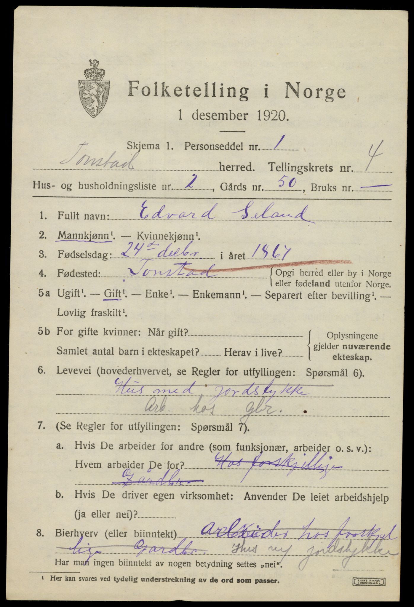 SAK, 1920 census for Tonstad, 1920, p. 1300