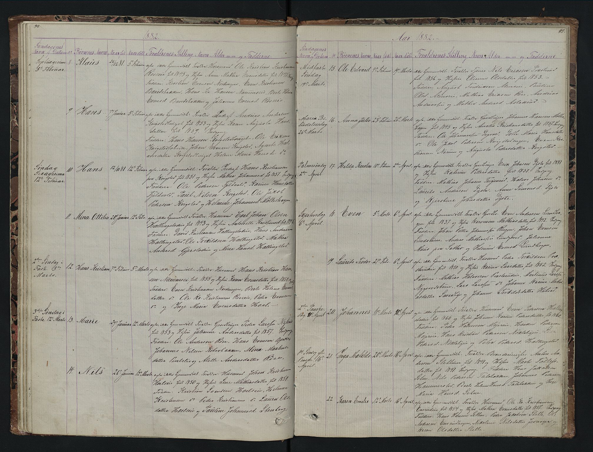 Vestre Toten prestekontor, SAH/PREST-108/H/Ha/Hab/L0007: Parish register (copy) no. 7, 1872-1900, p. 94-95