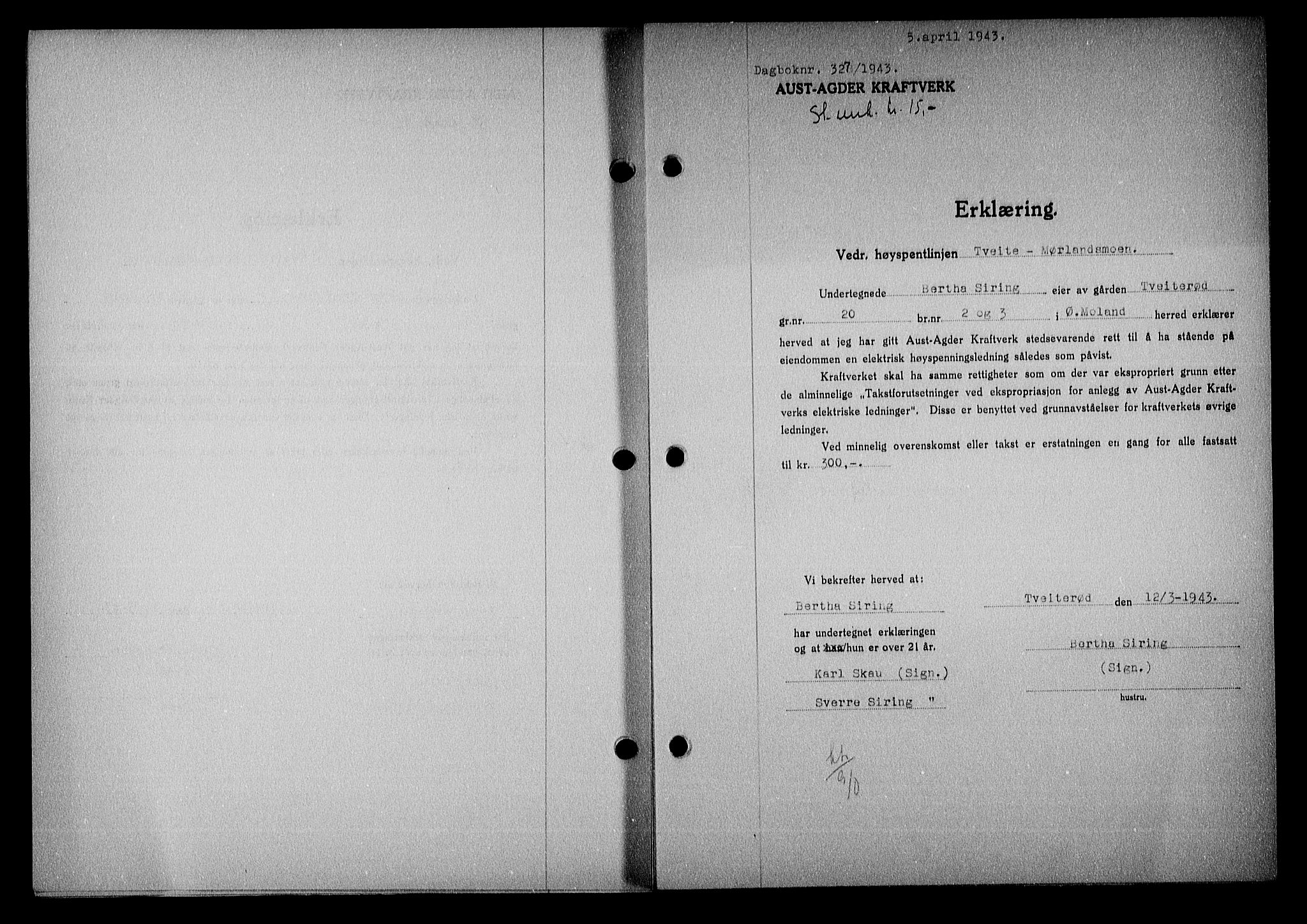 Nedenes sorenskriveri, SAK/1221-0006/G/Gb/Gba/L0050: Mortgage book no. A-IV, 1942-1943, Diary no: : 327/1943