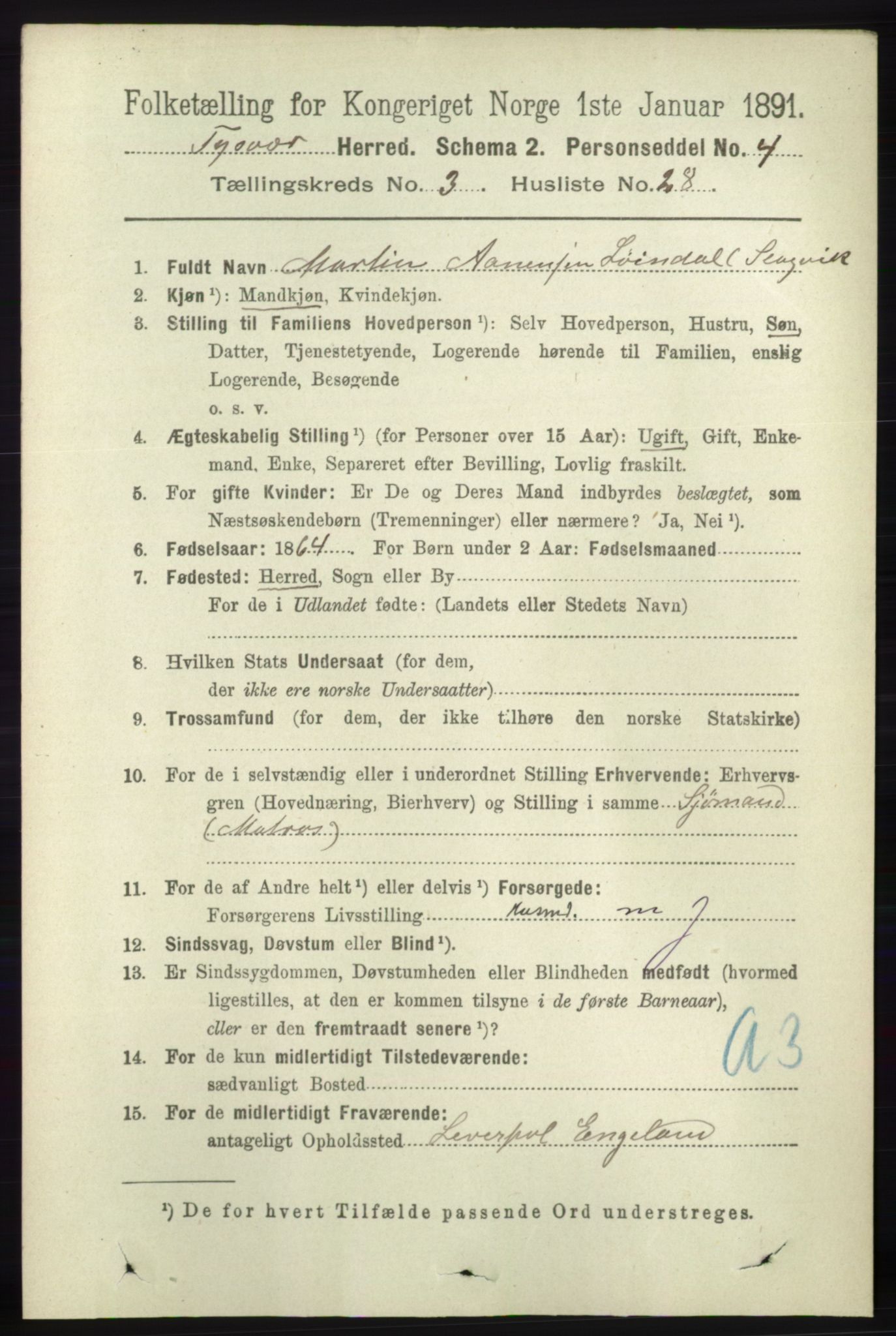 RA, 1891 census for 1146 Tysvær, 1891, p. 1369