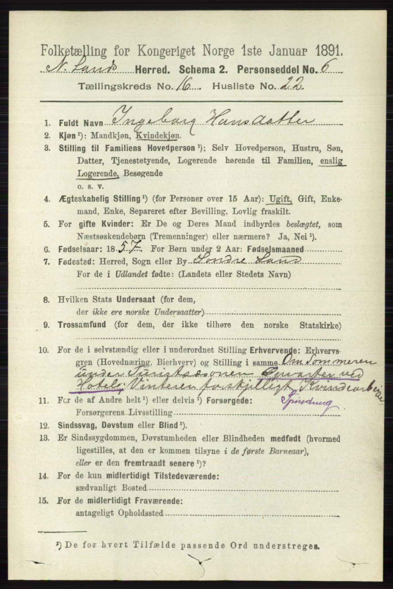 RA, 1891 census for 0538 Nordre Land, 1891, p. 4265