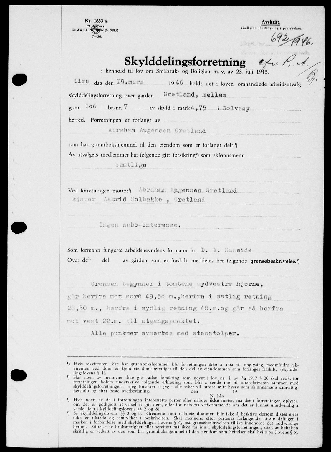 Onsøy sorenskriveri, SAO/A-10474/G/Ga/Gab/L0015: Mortgage book no. II A-15, 1945-1946, Diary no: : 692/1946
