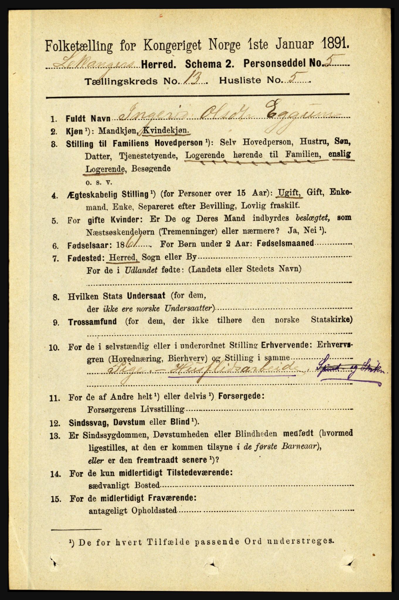 RA, 1891 census for 1419 Leikanger, 1891, p. 2485