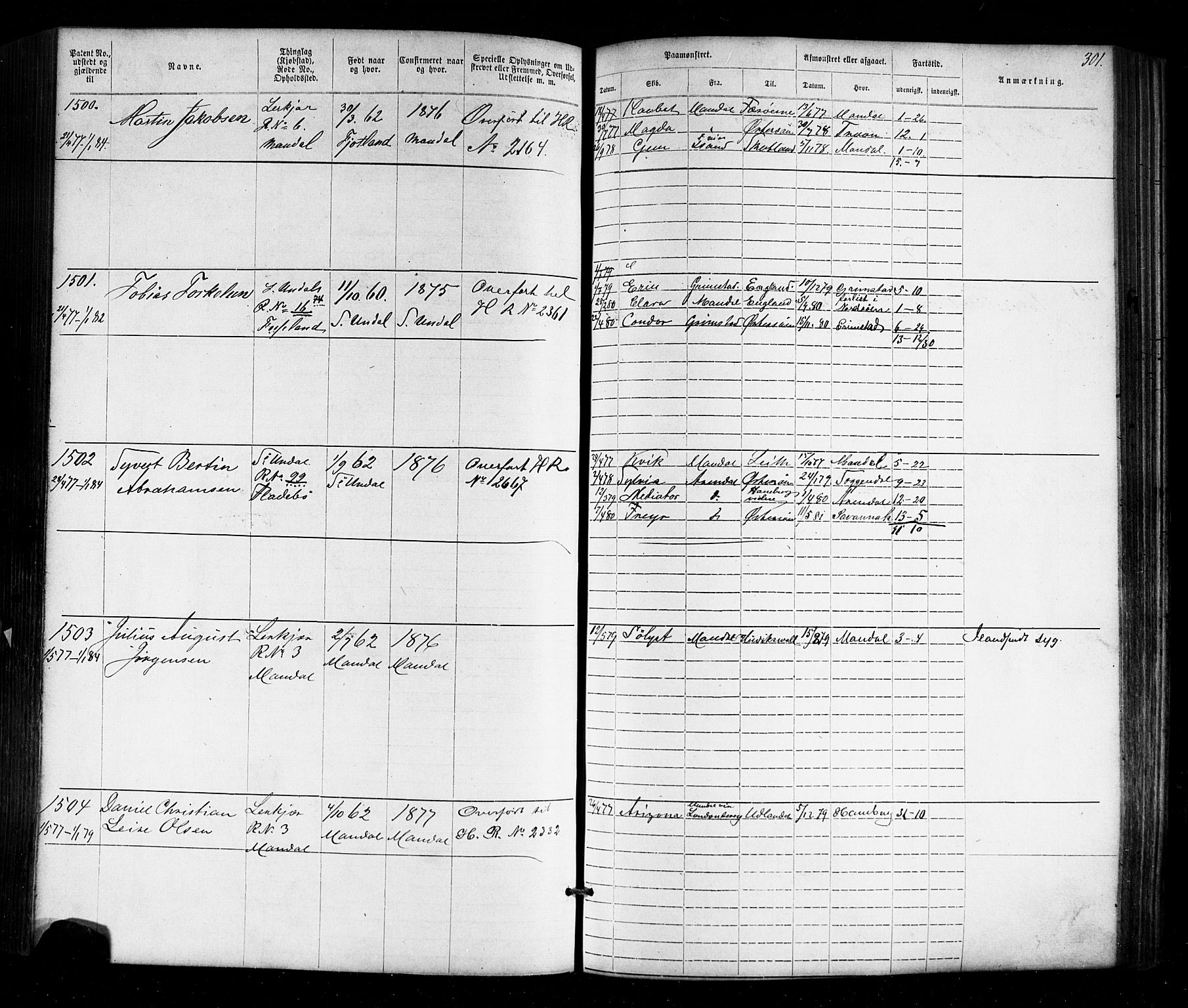 Mandal mønstringskrets, SAK/2031-0016/F/Fa/L0005: Annotasjonsrulle nr 1-1909 med register, Y-15, 1868-1880, p. 344