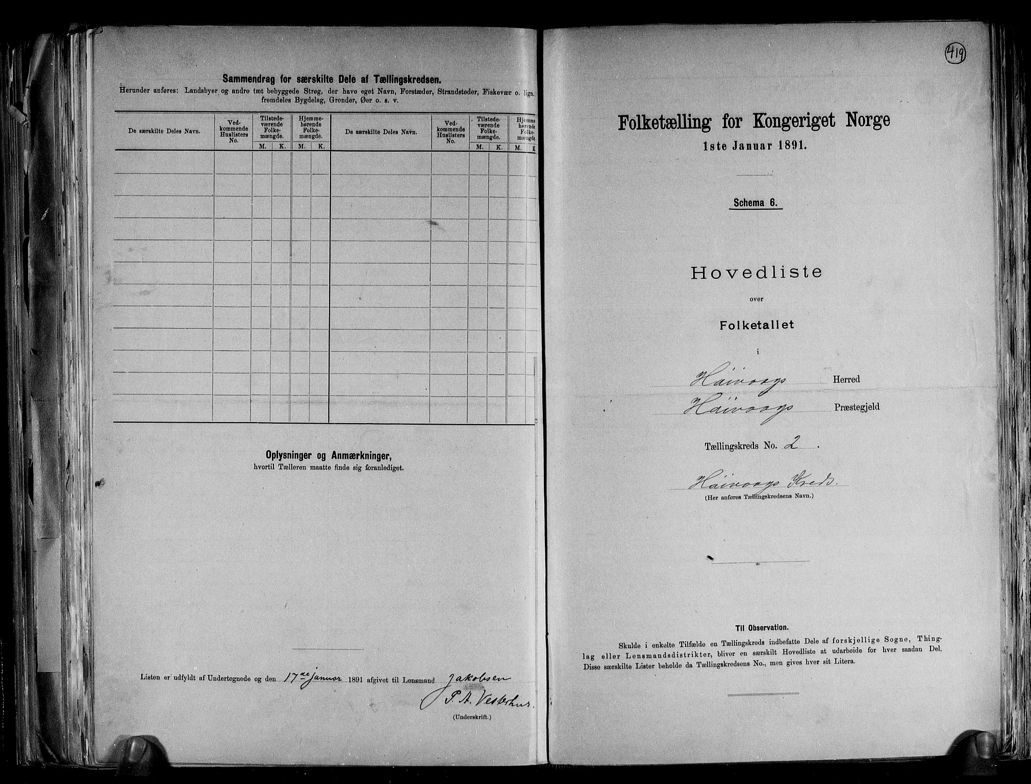 RA, 1891 census for 0927 Høvåg, 1891, p. 7