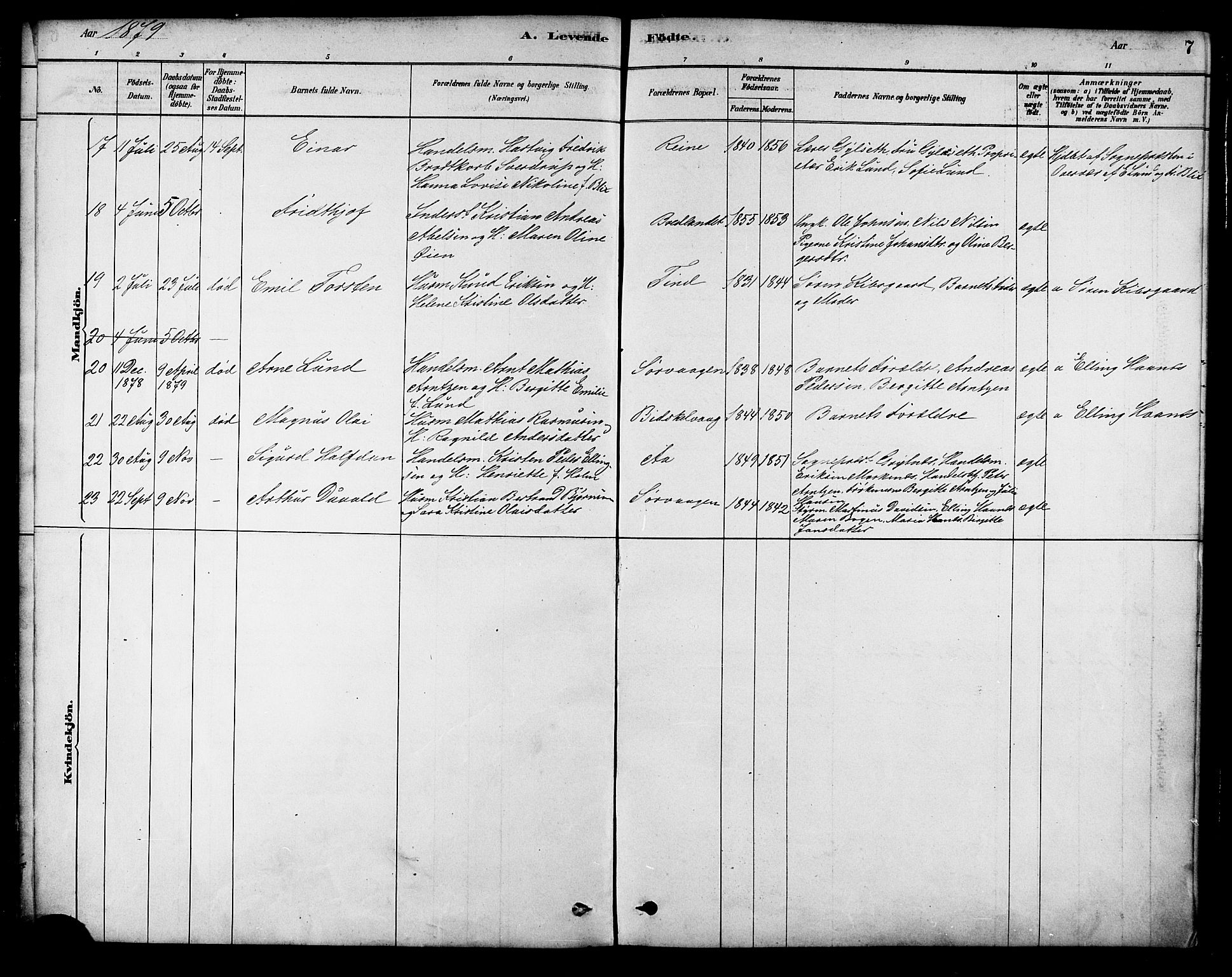 Ministerialprotokoller, klokkerbøker og fødselsregistre - Nordland, SAT/A-1459/886/L1219: Parish register (official) no. 886A01, 1878-1892, p. 7