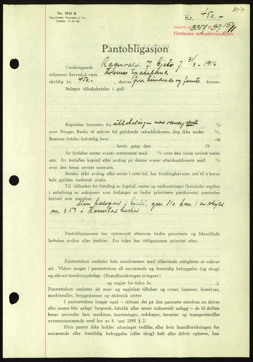 Nordmøre sorenskriveri, AV/SAT-A-4132/1/2/2Ca: Mortgage book no. B86, 1939-1940, Diary no: : 3317/1939