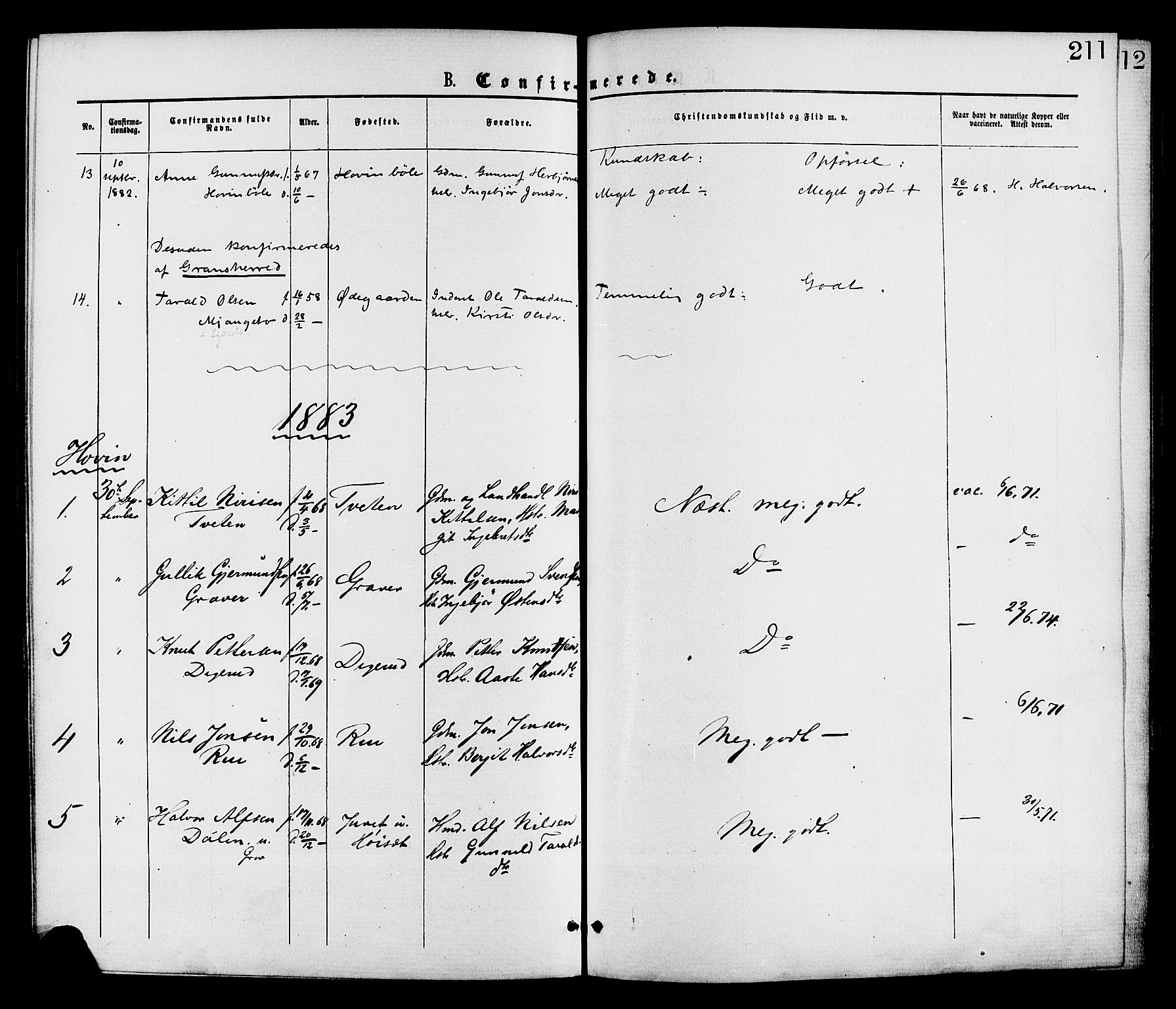 Gransherad kirkebøker, AV/SAKO-A-267/F/Fa/L0004: Parish register (official) no. I 4, 1871-1886, p. 211