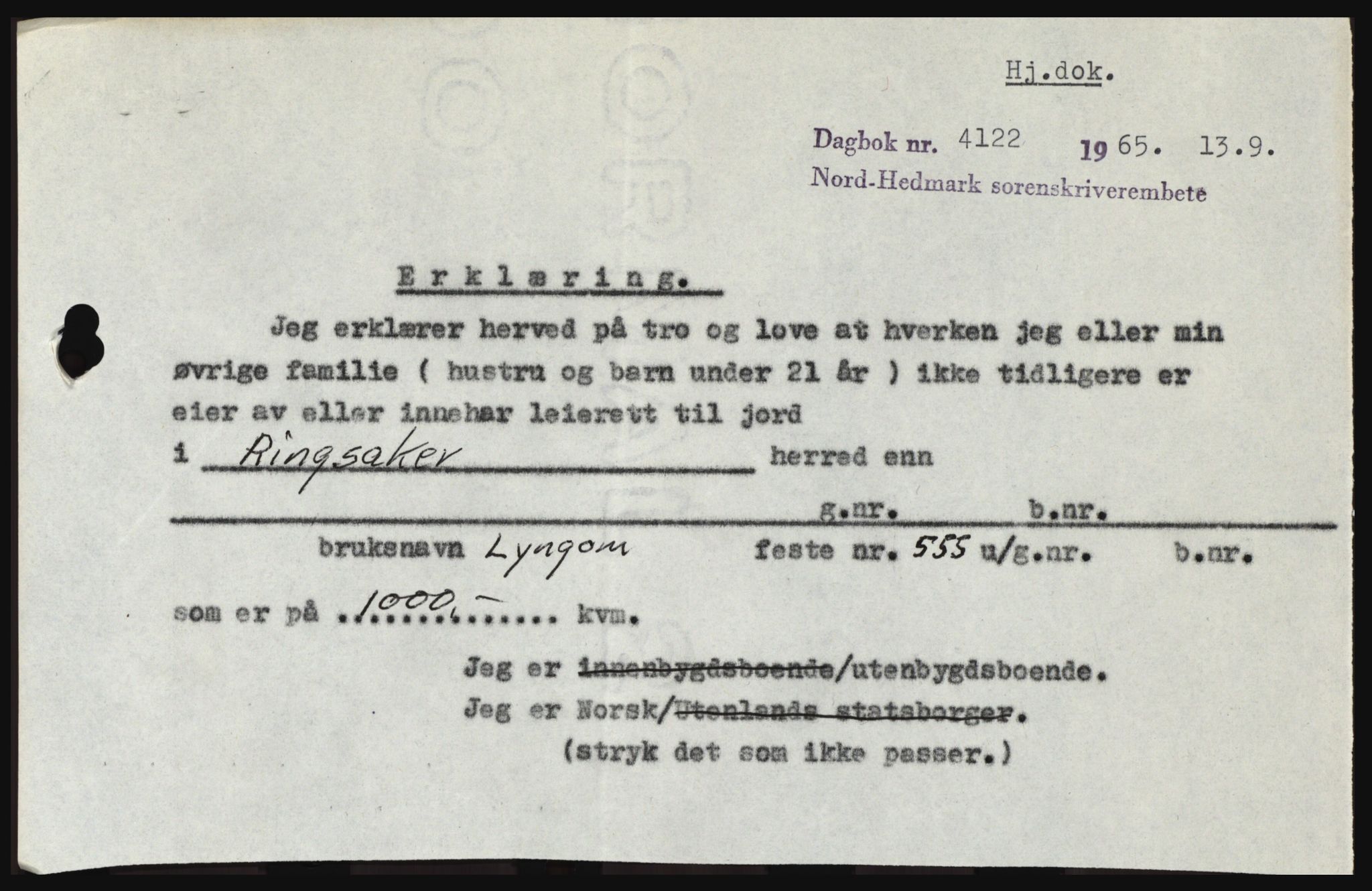 Nord-Hedmark sorenskriveri, SAH/TING-012/H/Hc/L0022: Mortgage book no. 22, 1965-1965, Diary no: : 4122/1965