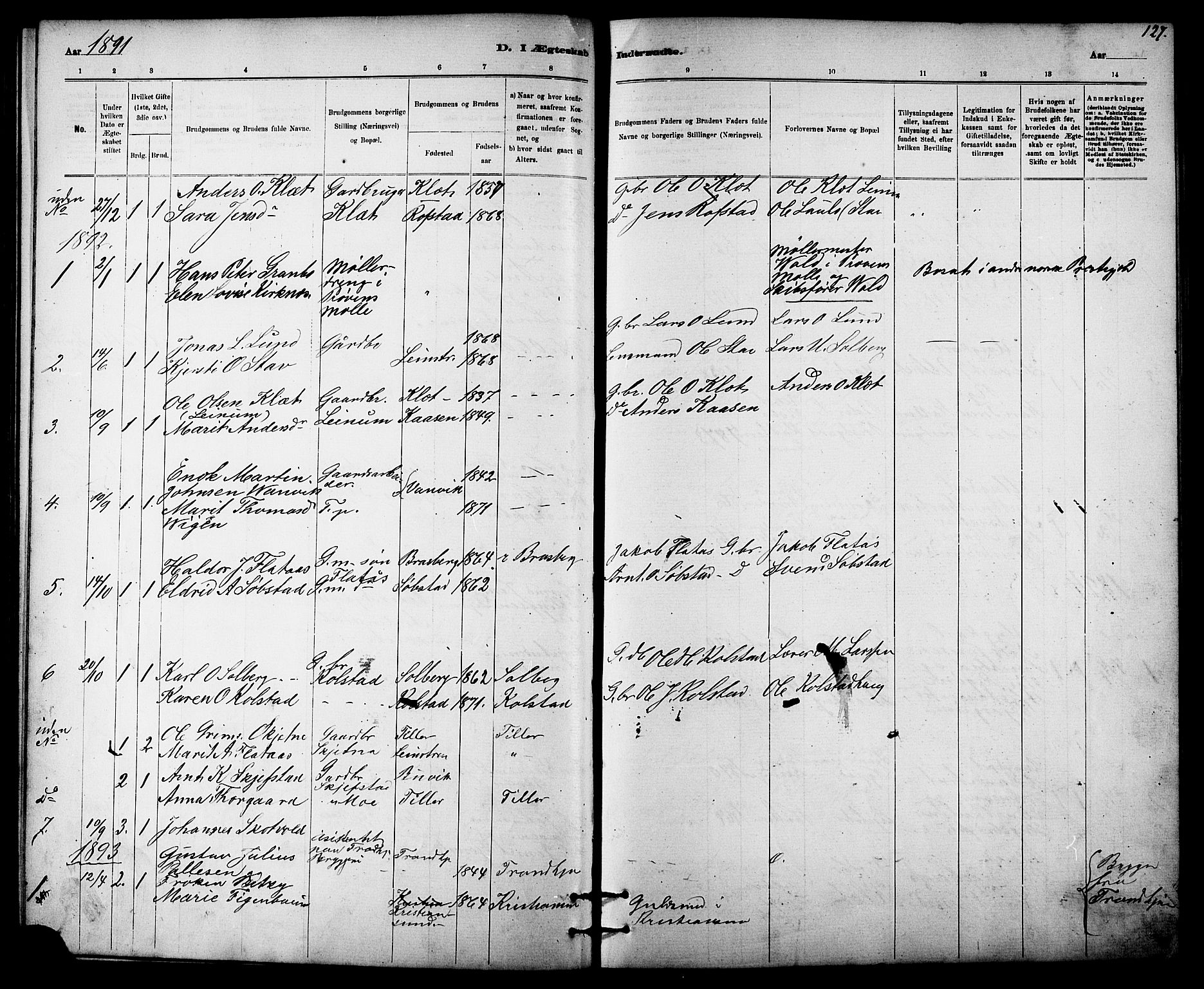 Ministerialprotokoller, klokkerbøker og fødselsregistre - Sør-Trøndelag, AV/SAT-A-1456/613/L0395: Parish register (copy) no. 613C03, 1887-1909, p. 127