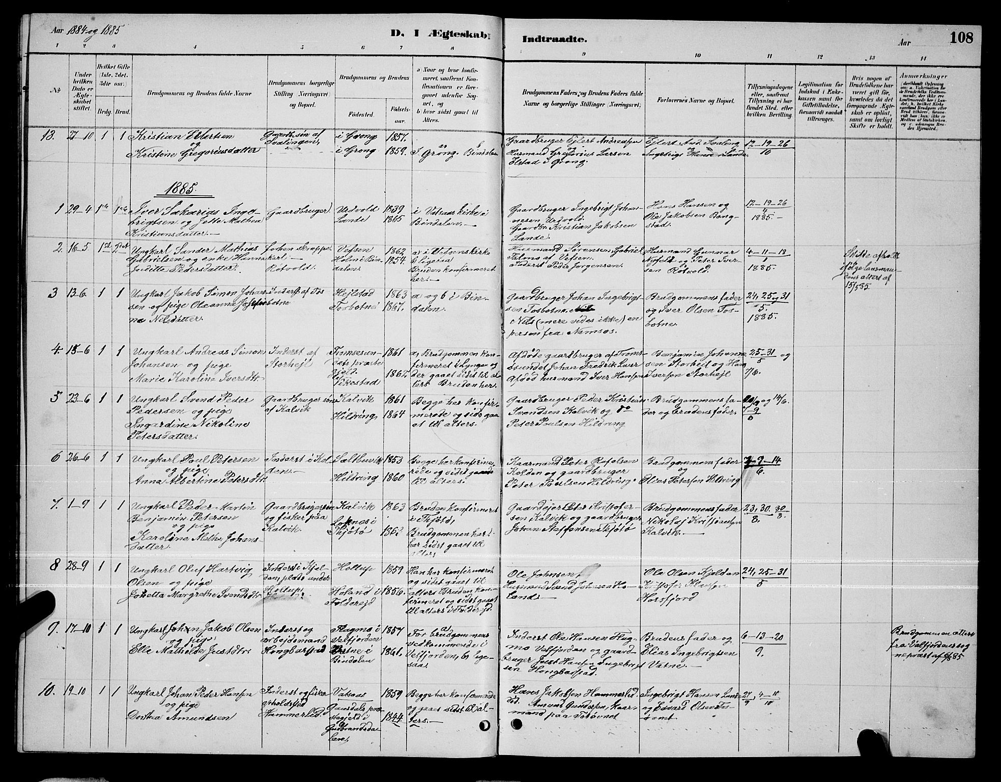 Ministerialprotokoller, klokkerbøker og fødselsregistre - Nordland, AV/SAT-A-1459/810/L0160: Parish register (copy) no. 810C03, 1884-1896, p. 108