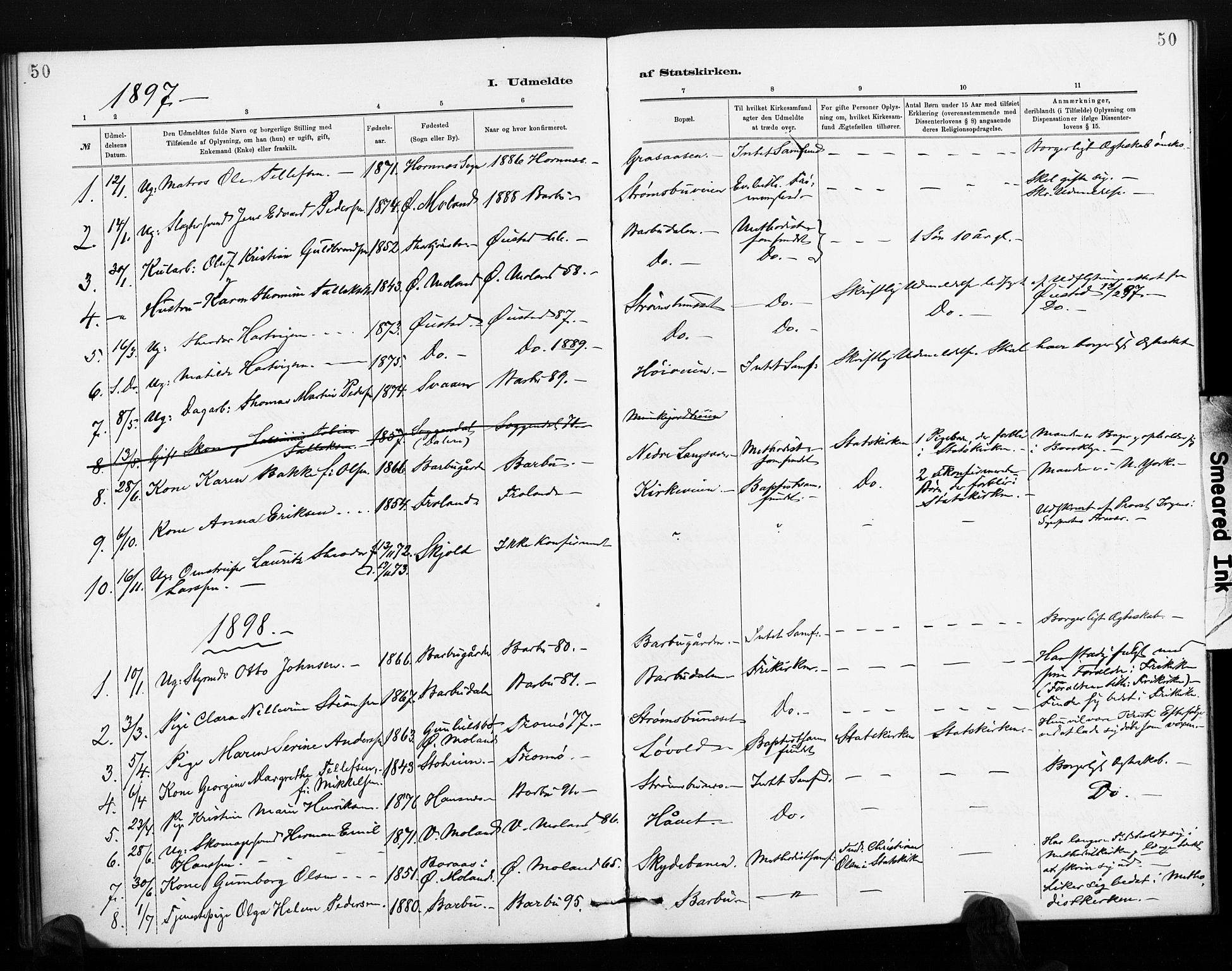 Barbu sokneprestkontor, AV/SAK-1111-0003/F/Fa/L0004: Parish register (official) no. A 4, 1883-1909, p. 50