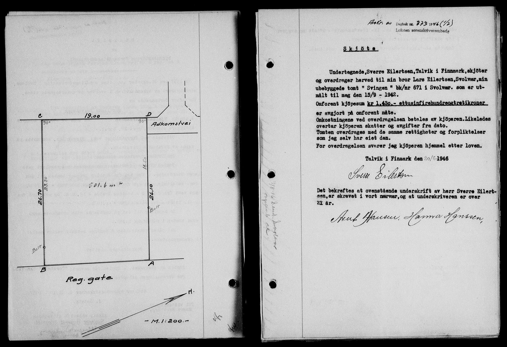 Lofoten sorenskriveri, SAT/A-0017/1/2/2C/L0014a: Mortgage book no. 14a, 1946-1946, Diary no: : 773/1946