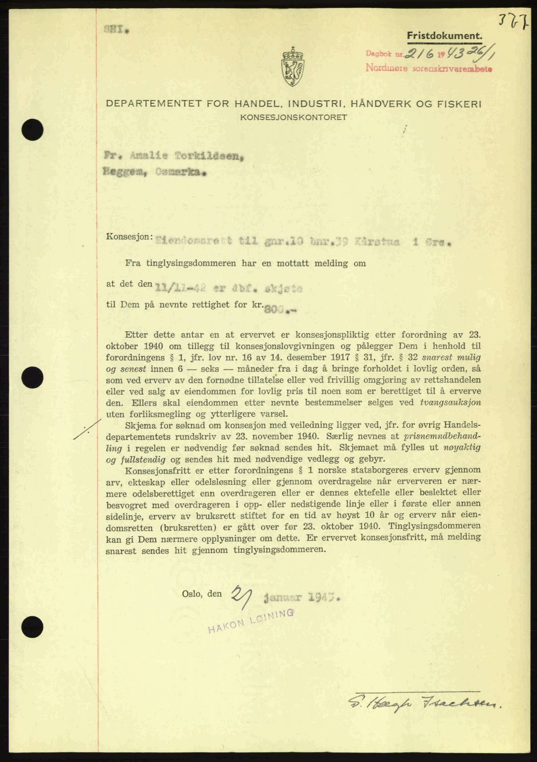 Nordmøre sorenskriveri, AV/SAT-A-4132/1/2/2Ca: Mortgage book no. B90, 1942-1943, Diary no: : 216/1943