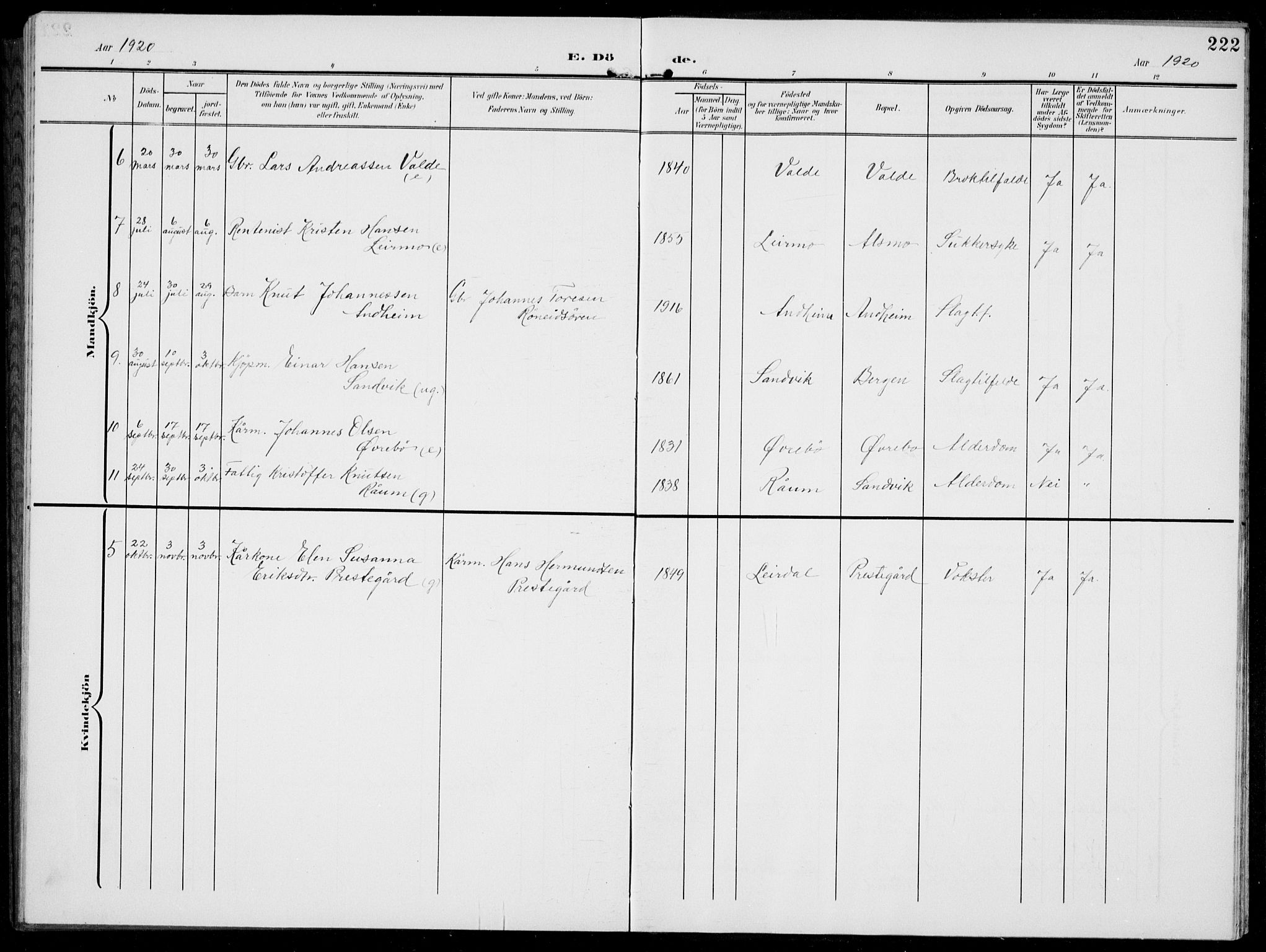 Jostedal sokneprestembete, SAB/A-80601/H/Hab/Habc/L0001: Parish register (copy) no. C 1, 1903-1939, p. 222