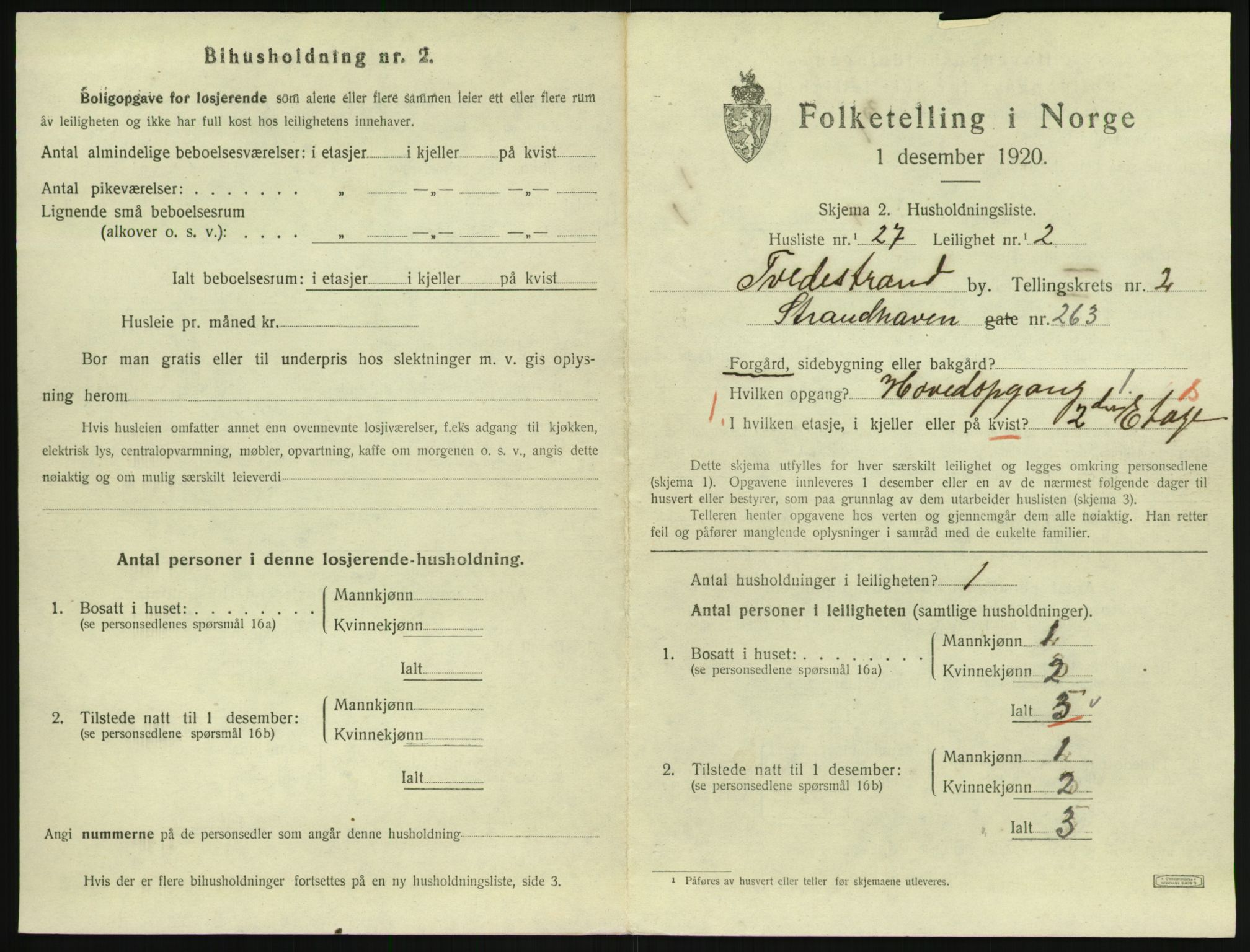 SAK, 1920 census for Tvedestrand, 1920, p. 1011