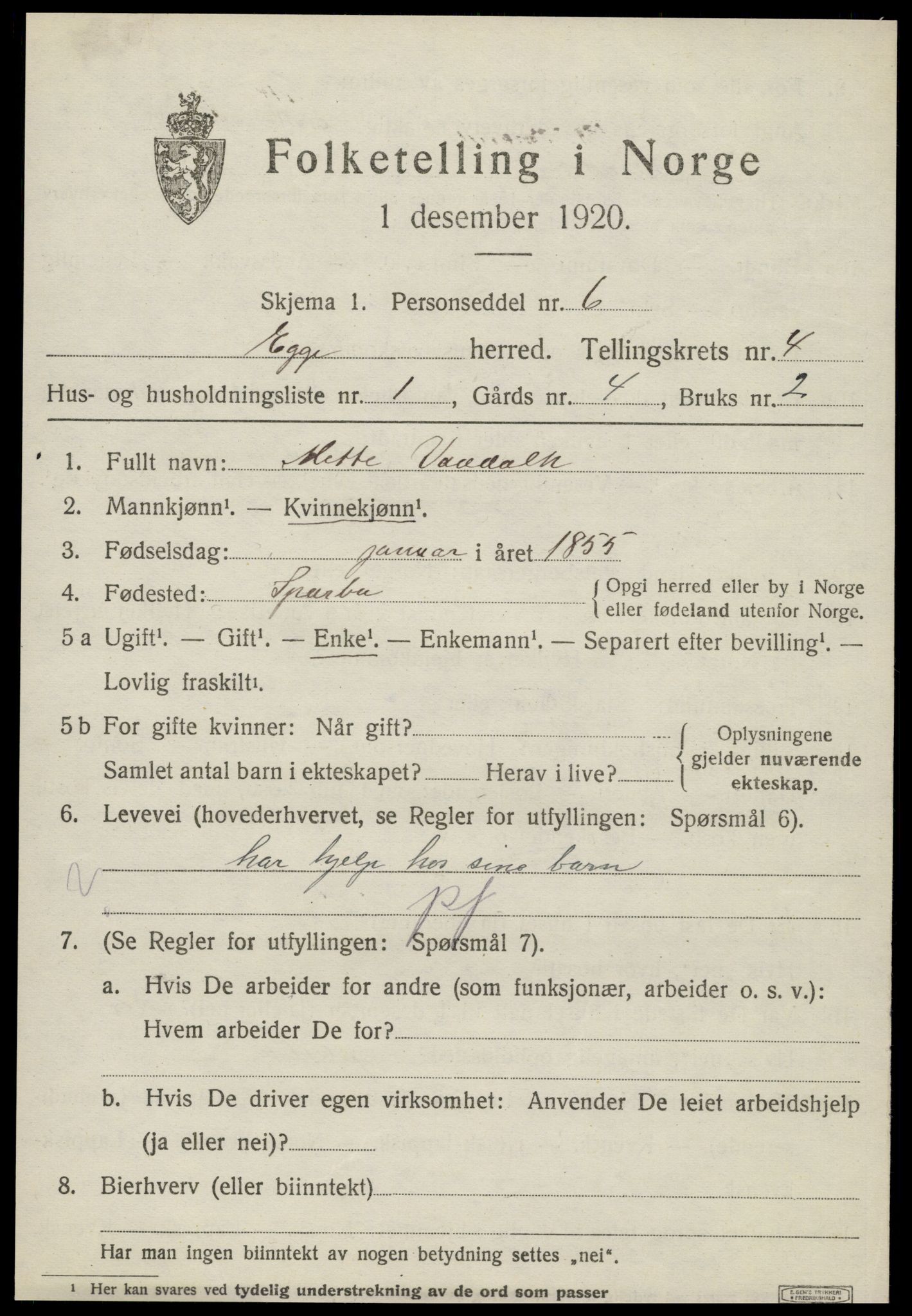 SAT, 1920 census for Egge, 1920, p. 2398