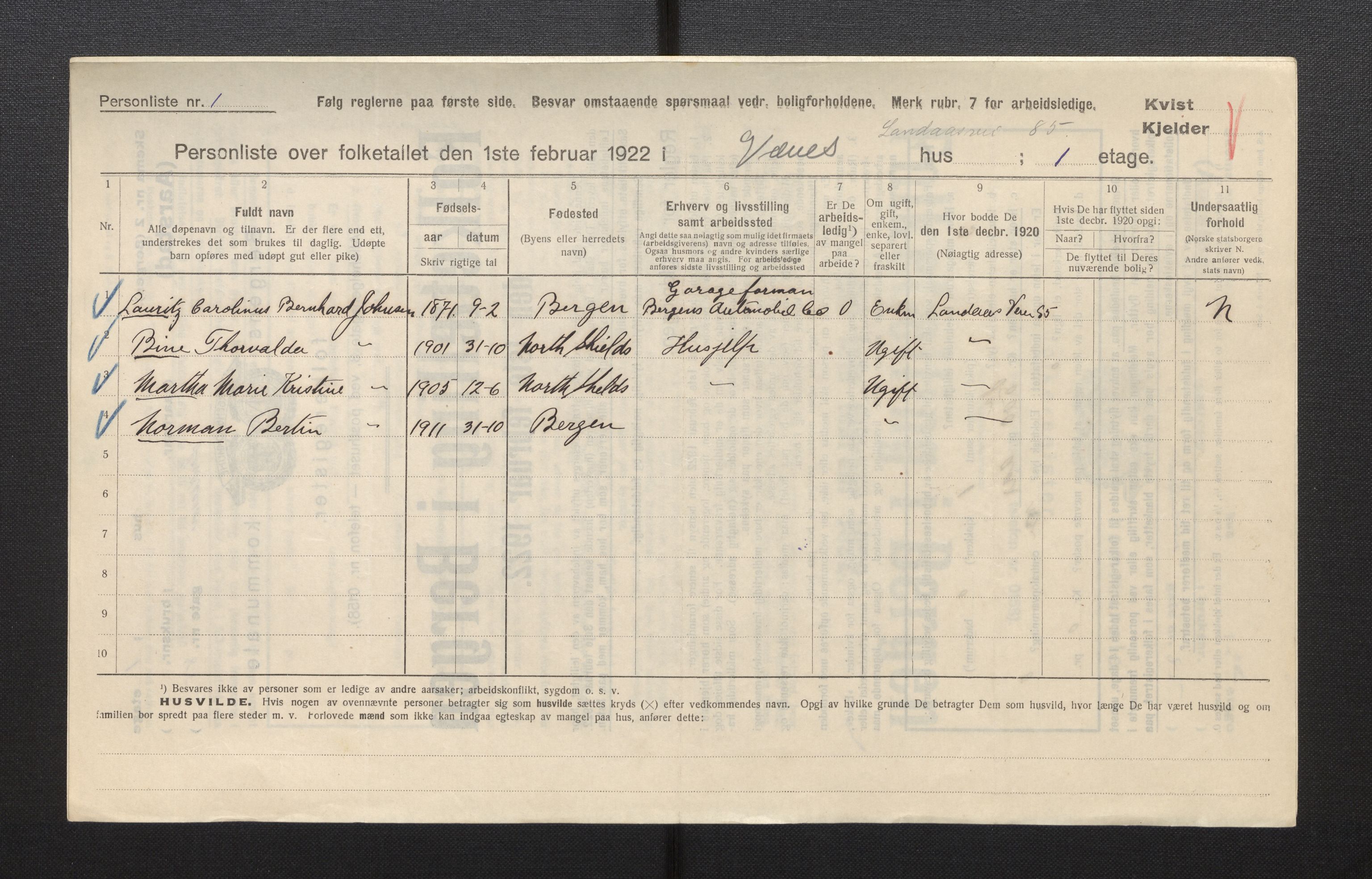 SAB, Municipal Census 1922 for Bergen, 1922, p. 55284