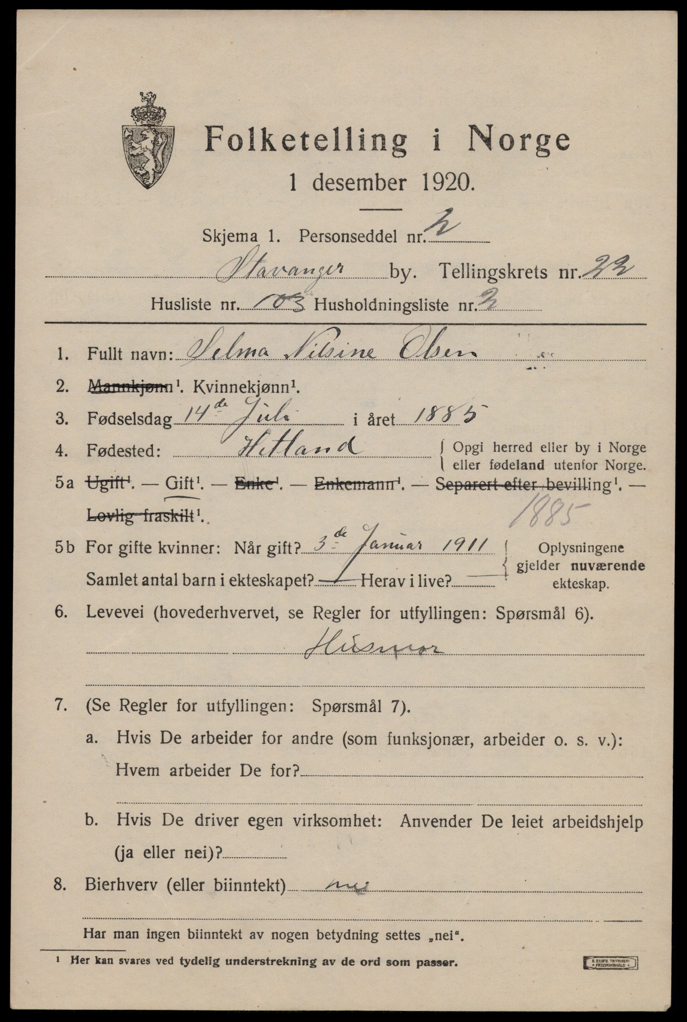 SAST, 1920 census for Stavanger, 1920, p. 75108