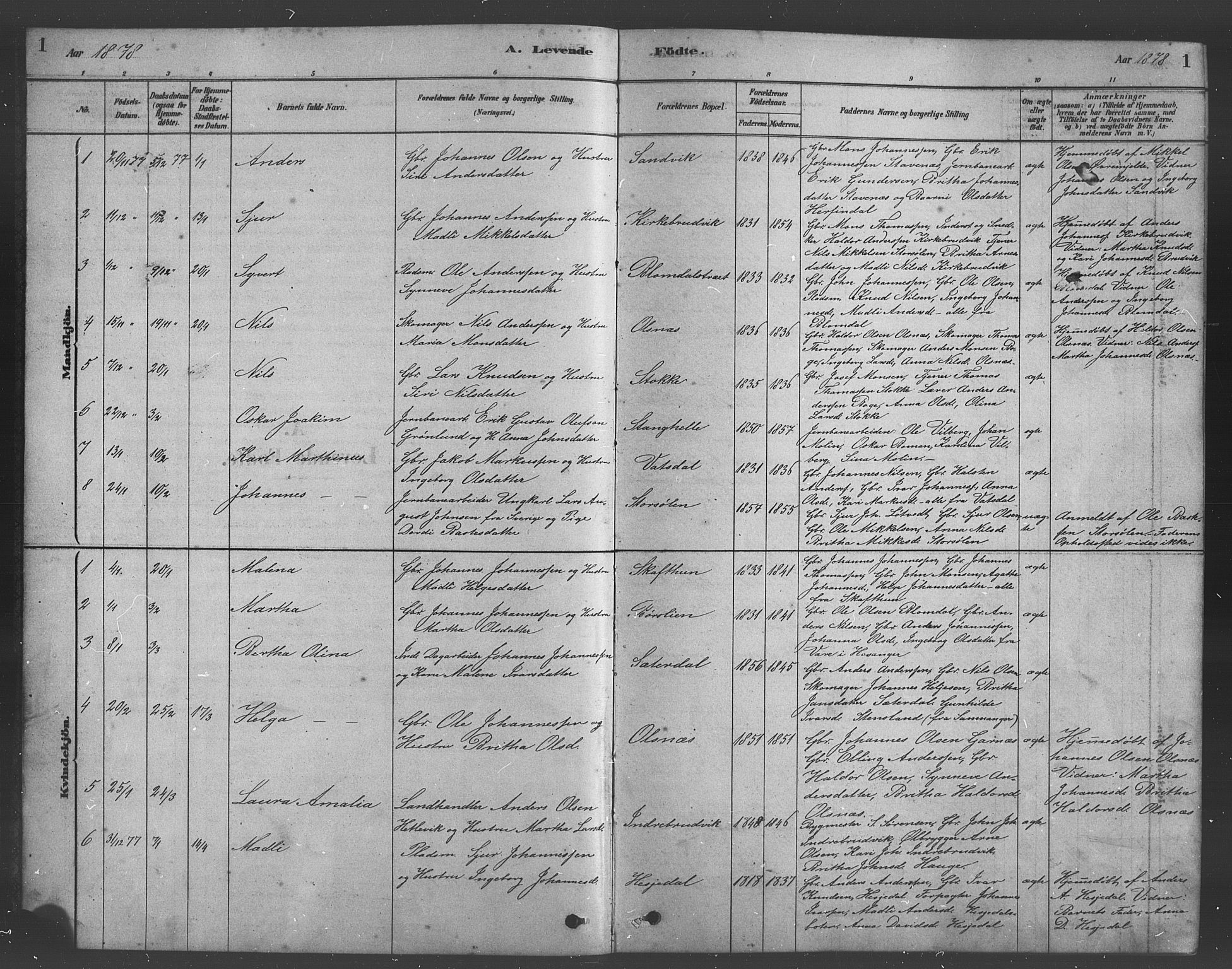 Bruvik Sokneprestembete, SAB/A-74701/H/Hab: Parish register (copy) no. A 1, 1878-1907, p. 1