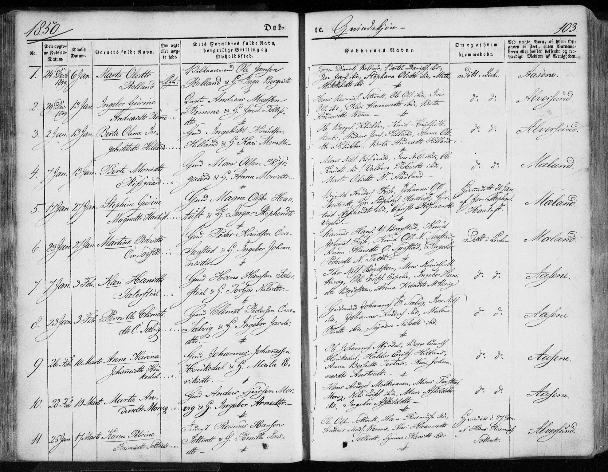 Hamre sokneprestembete, AV/SAB-A-75501/H/Ha/Haa/Haaa/L0013: Parish register (official) no. A 13, 1846-1857, p. 103