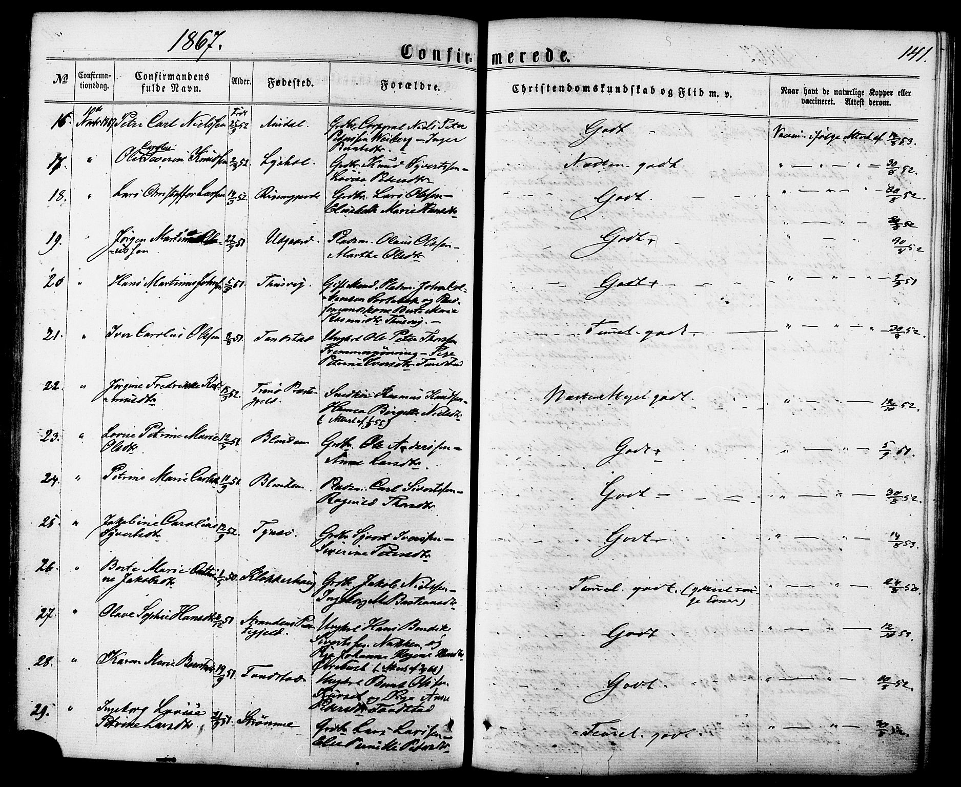 Ministerialprotokoller, klokkerbøker og fødselsregistre - Møre og Romsdal, AV/SAT-A-1454/522/L0314: Parish register (official) no. 522A09, 1863-1877, p. 141