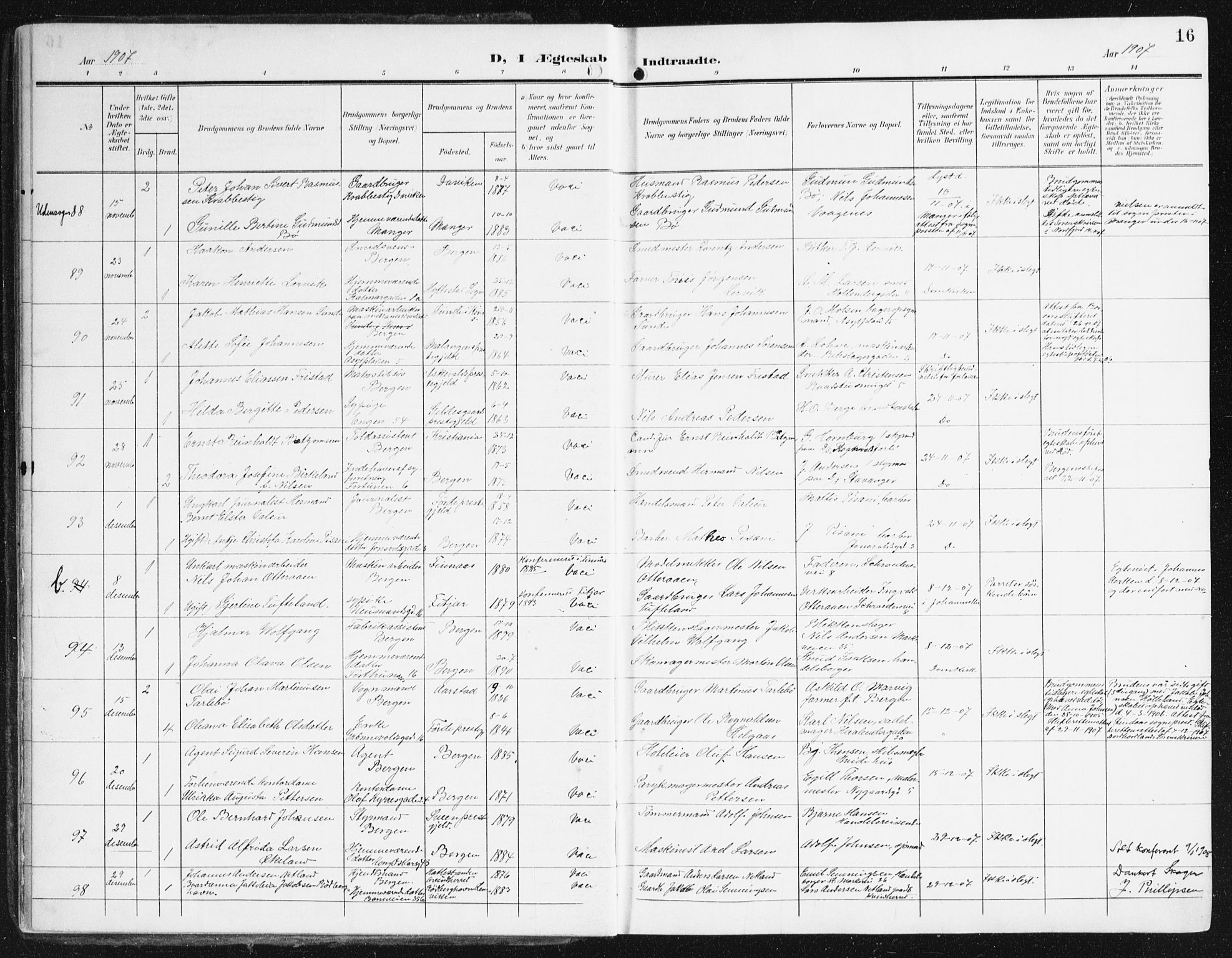 Domkirken sokneprestembete, AV/SAB-A-74801/H/Haa/L0038: Parish register (official) no. D 5, 1906-1921, p. 16